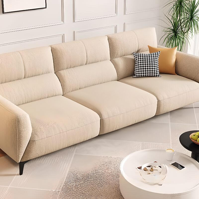 Trendy Stain-Resistant Ivory 3-Seater Sofa with 3 Pillows - Modern Living Room Furniture for Small Spaces & Apartments