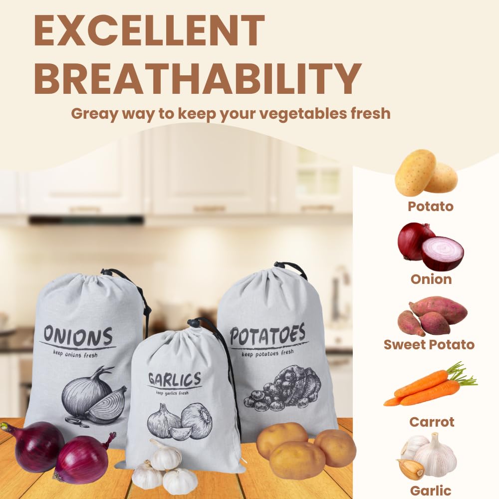 Reusable Potato Onion Garlic Storage Bags with Drawstring Closure - 3 Pack for Pantry & Kitchen Organization | Fresh Vegetable Keepers for Home, Restaurant & Grocery Store Use