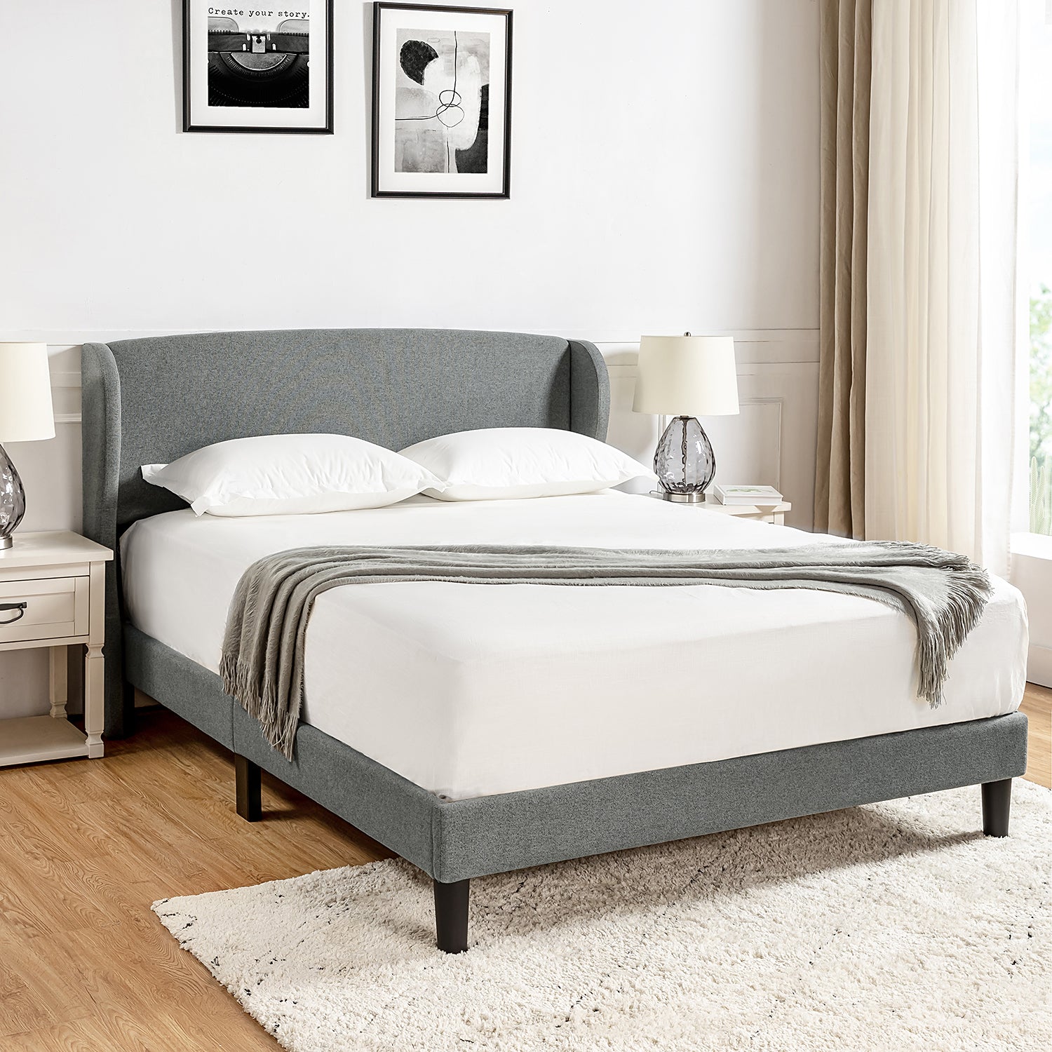 Baotist Upholstered Wingback Platform Bed Frame - Queen Size Modern Bedroom Furniture for Master Bedroom, Guest Room & Apartment