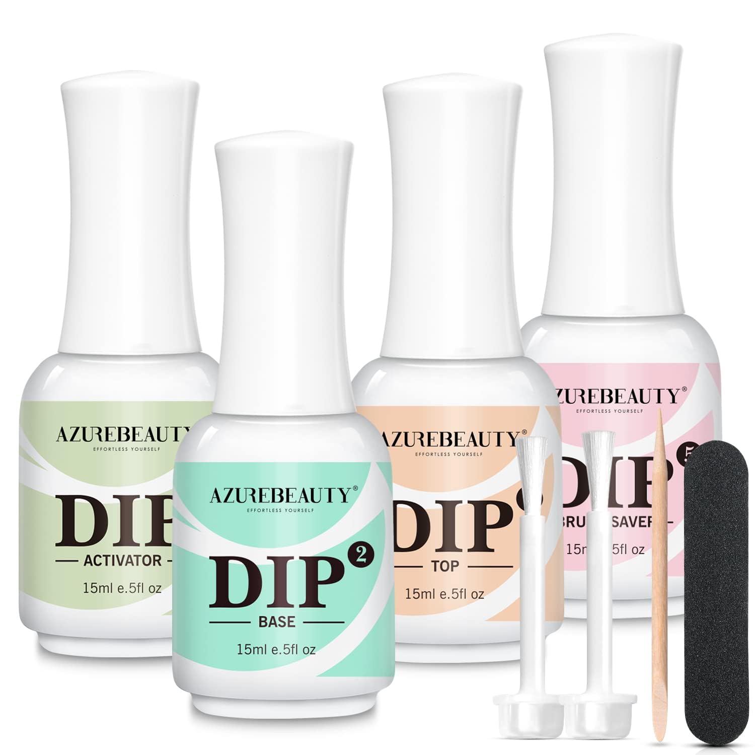 AZUREBEAUTY 4+4Pcs Dip Powder Liquid Set - 15ml/0.5oz Base Coat, Top Coat, Activator & Brush Saver with Nail File | Essential Dipping Powder Nail Kit for Salon & Home Manicure | No UV Lamp Needed | Perfect for DIY Nail Art & Professional Nail Designs
