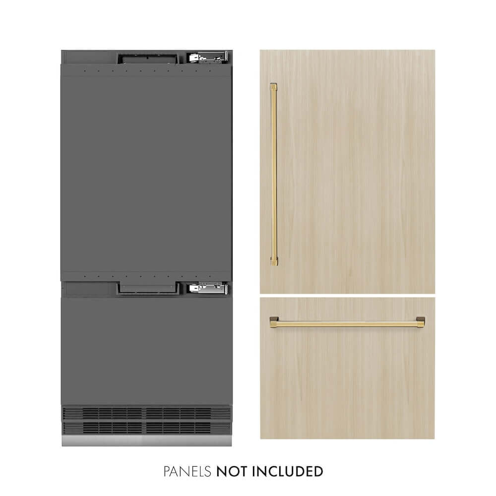 ZLINE Autograph Edition 36 Inch Panel Ready Built-In Bottom Freezer Refrigerator - 19.8 cu. ft. Capacity with Ice Maker & Water Dispenser - Graphite Gray Interior & Polished Gold Accents (GRBITZ 36 G) - Perfect for Modern Kitchens & Luxury Homes