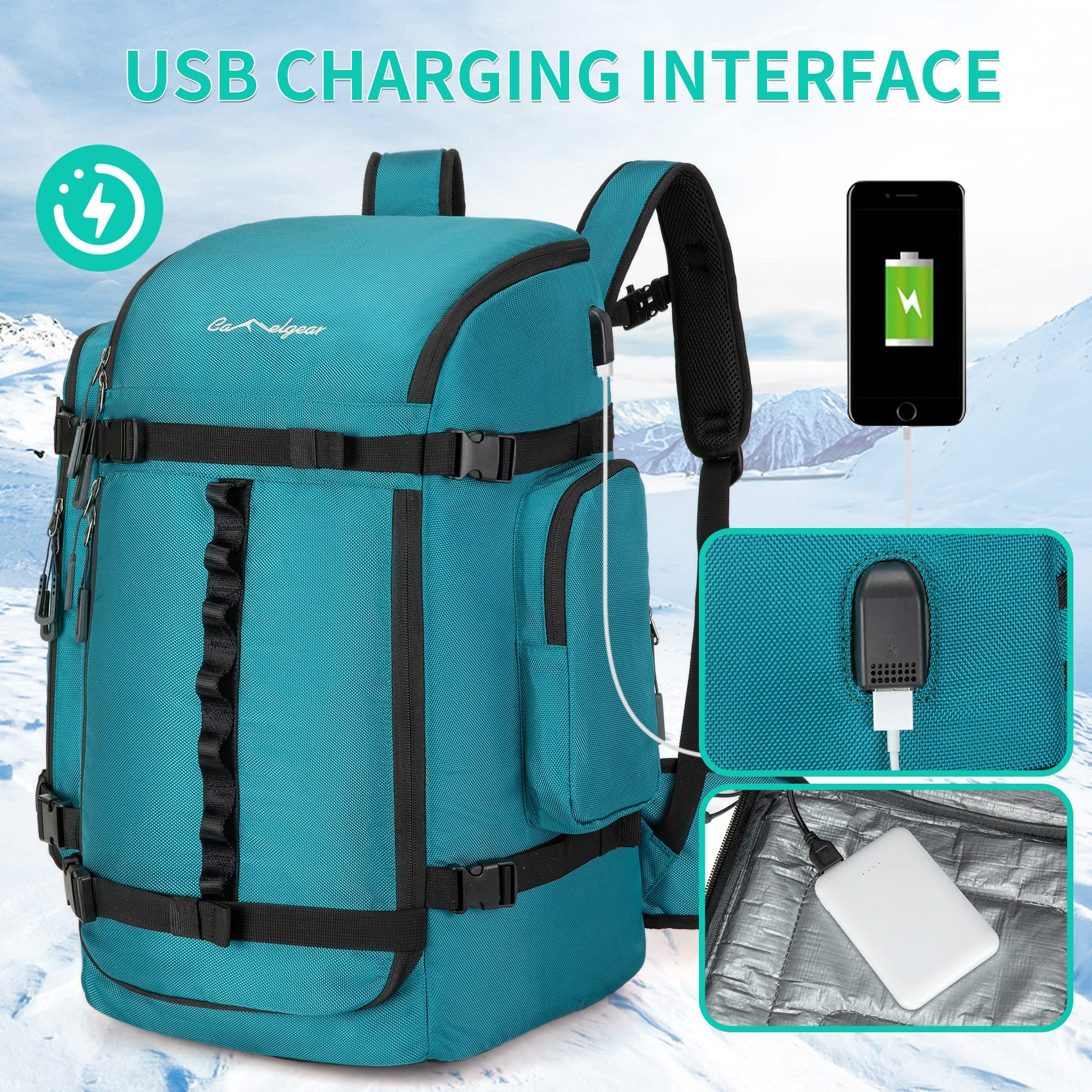 65L Waterproof Ski Boot Bag - 1680D Nylon Padded Duffle Backpack for Men, Women & Kids - Perfect for Ski Trips, Air Travel & Snowboarding Gear Storage