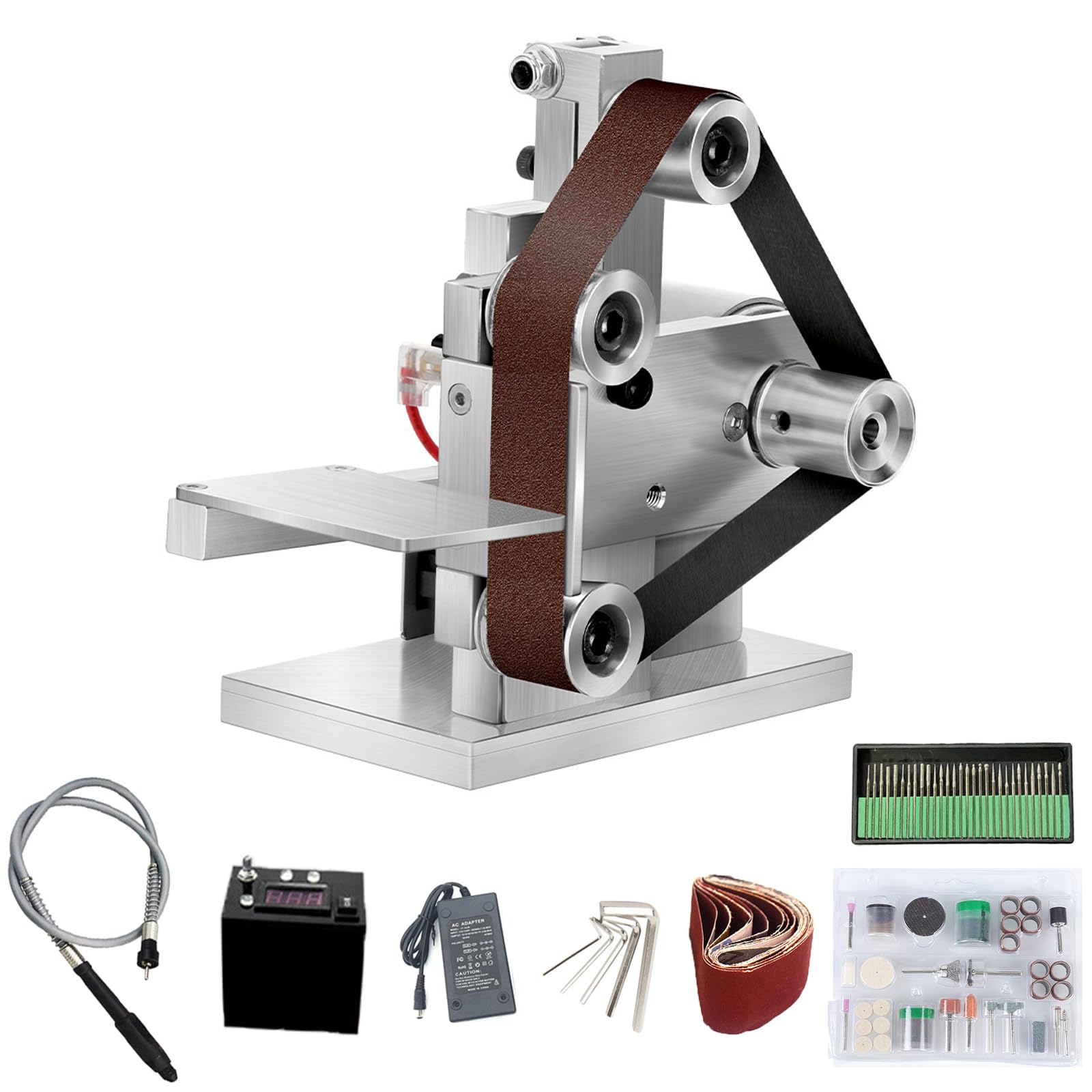 DIY Mini Belt Sander - 7-Speed Adjustable Electric Bench Grinder & Knife Sharpener with 10 Sanding Belts, Flexible Shaft & Carving Needles - Perfect for Metal Polishing, Woodworking & Tool Sharpening