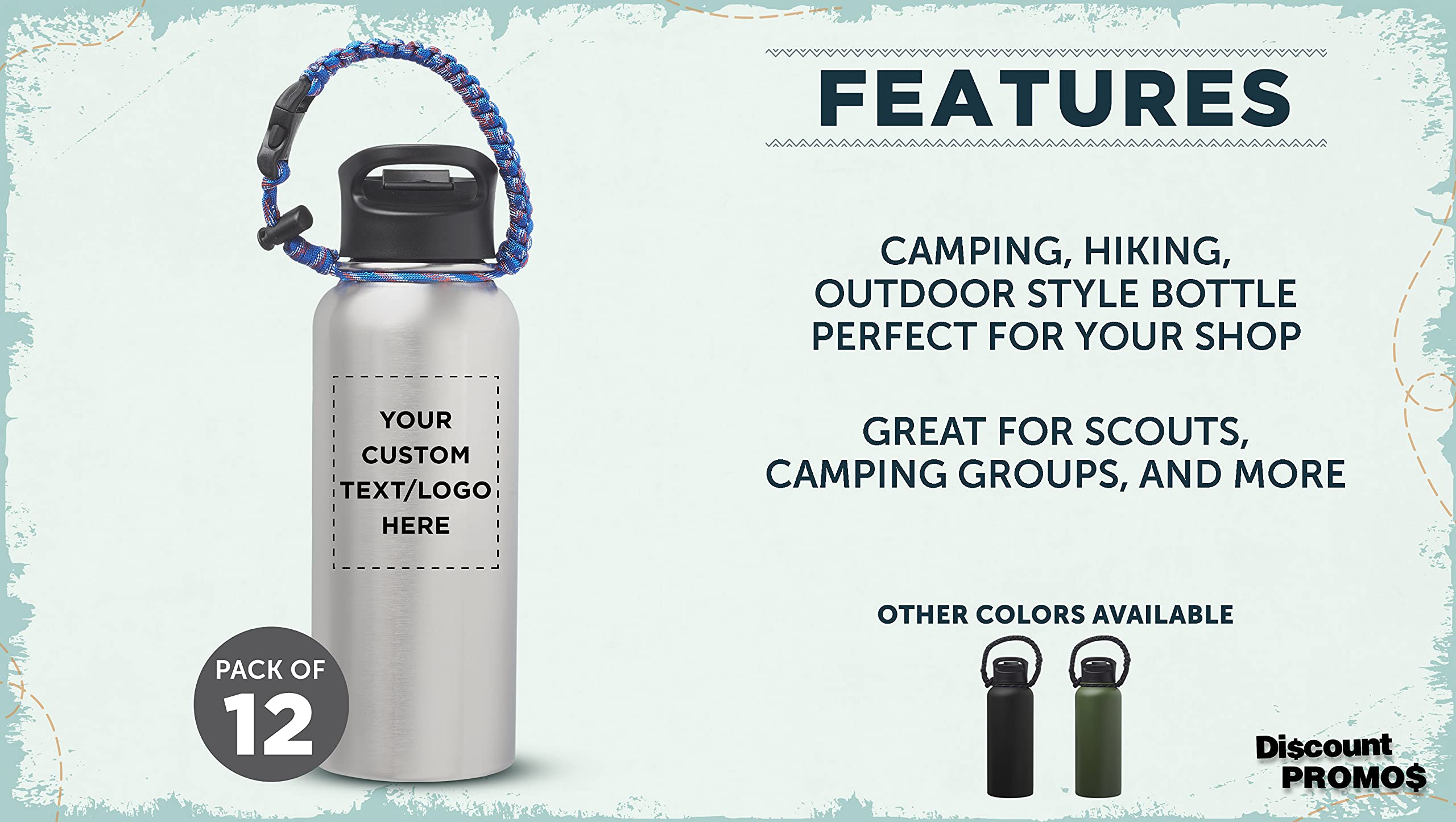 12 Pack 34oz Stainless Steel Water Bottles with Strap - Double Wall Vacuum Insulated, Custom Text & Logo - Silver - Perfect for Gym, Hiking, Office & Outdoor Activities