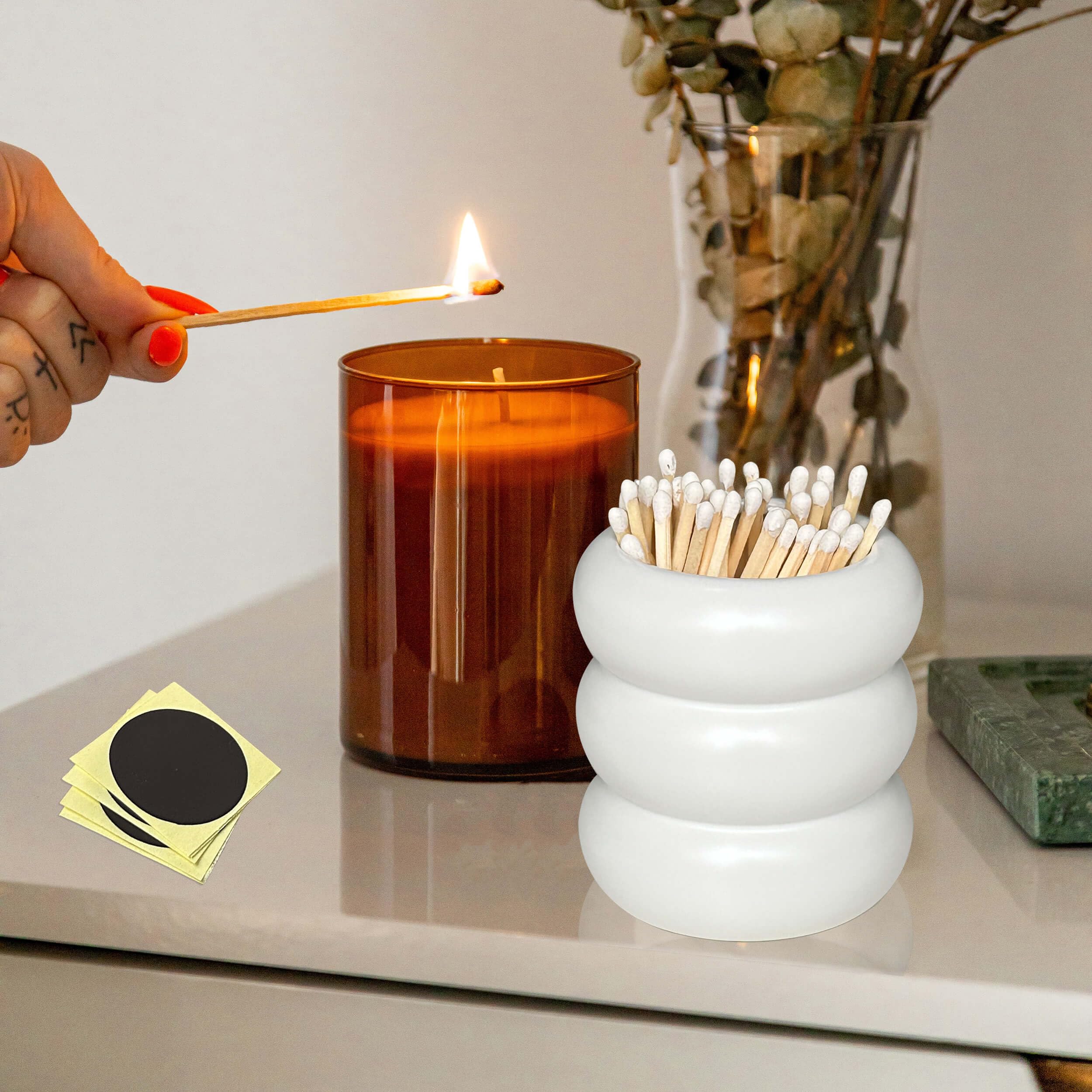 Decorative Ceramic Match Holder with Striker - Large Size for Long Matches Bulk (Sold Without Matches) - Perfect for Fireplaces, Candles & Outdoor Camping