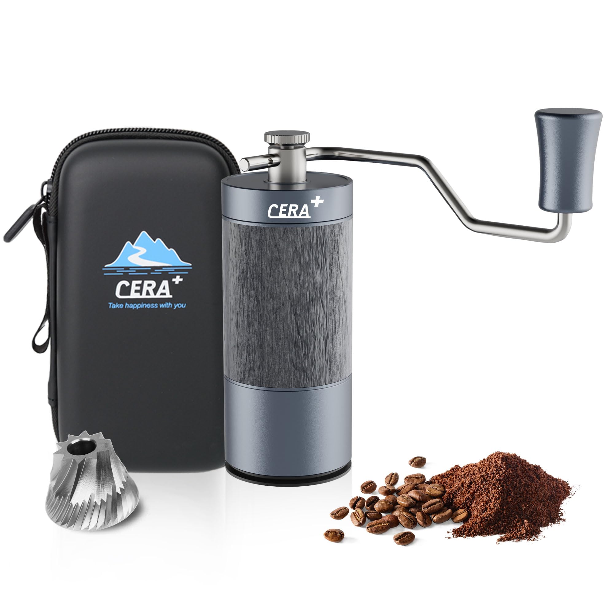 Premium CERA+ Manual Coffee Grinder - Adjustable Ceramic Burr for Espresso, French Press & Pour Over - Portable, Compact & Foldable Handle - Perfect Gift for Coffee Lovers (Gray) - Great for Travel, Camping & Home Brewing