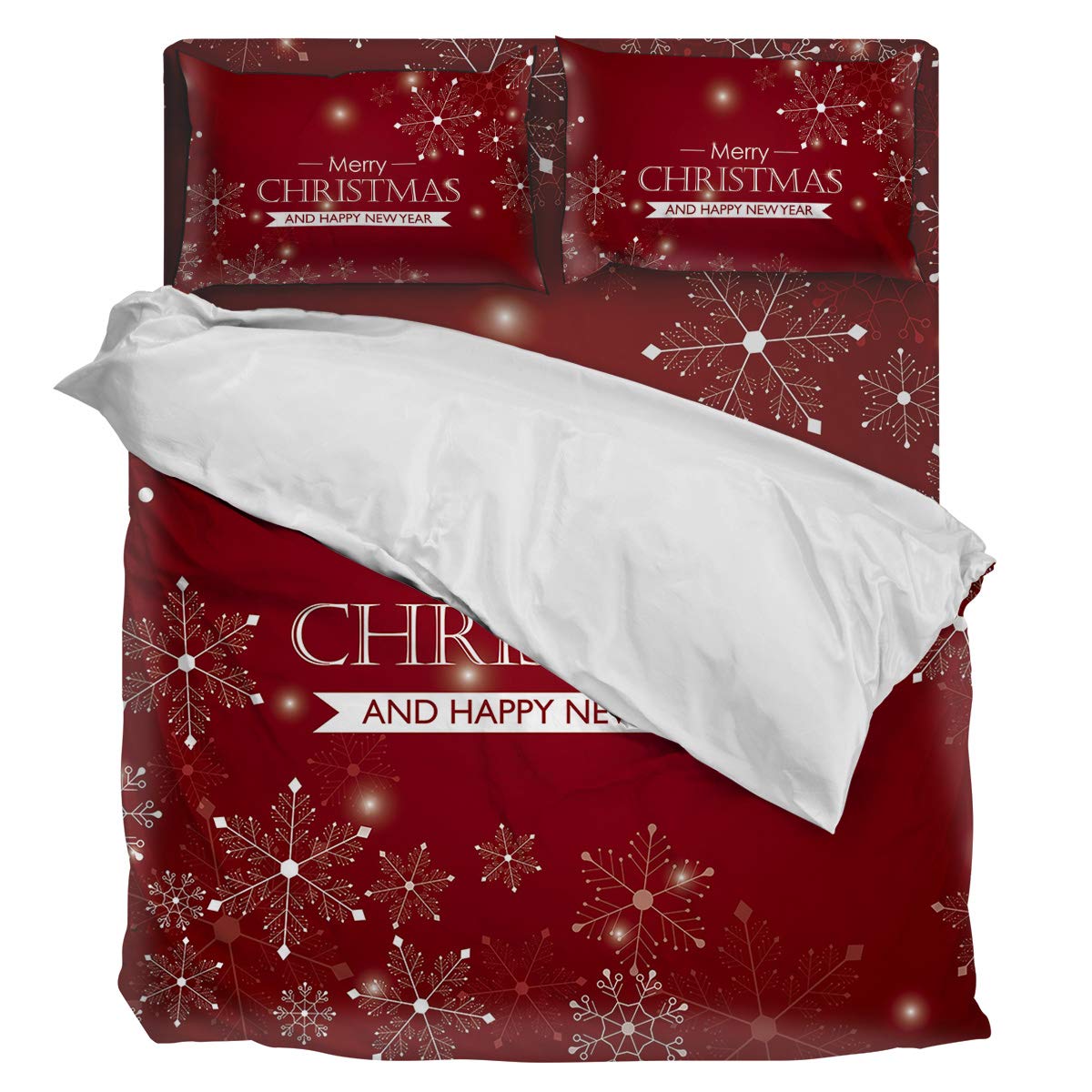 4 Piece Merry Christmas Snowflake & Happy New Year Duvet Cover Set - Ultra Soft Brushed Microfiber Comforter Cover for Twin Bed, All Seasons | Holiday Bedding for Guest Rooms & Winter Decor