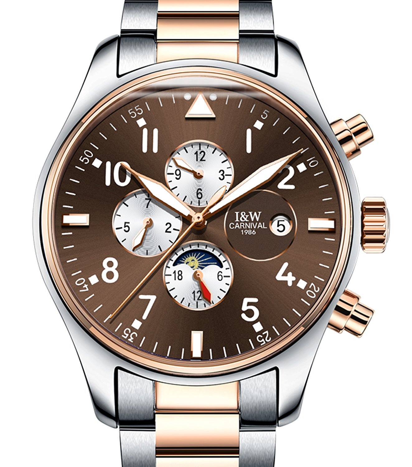 Automatic Self-Winding Men's Watch with Moon Phase & Calendar - Stainless Steel or Genuine Leather Band - Business Casual Dress Watch for Office, Formal Events & Everyday Wear