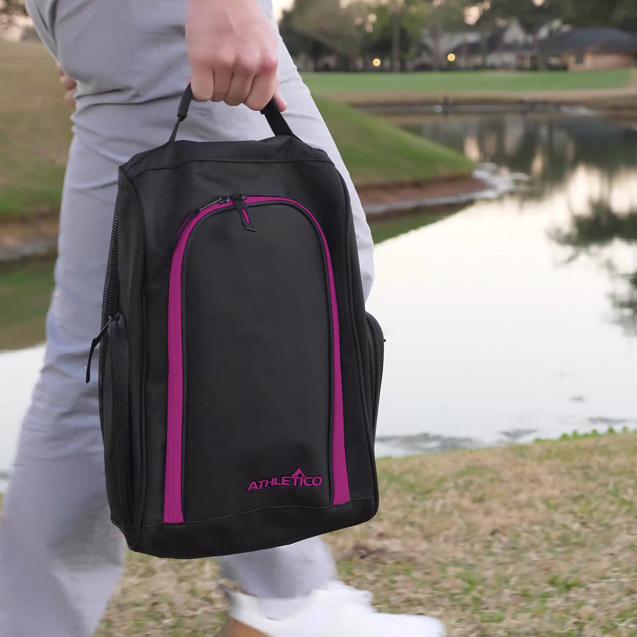 Athletico Golf Shoe Bag - Premium Zippered Shoe Carrier with Ventilation & Exterior Pocket for Socks, Tees & Accessories (Black/Pink) - Perfect for Golf Courses, Travel & Gym Storage