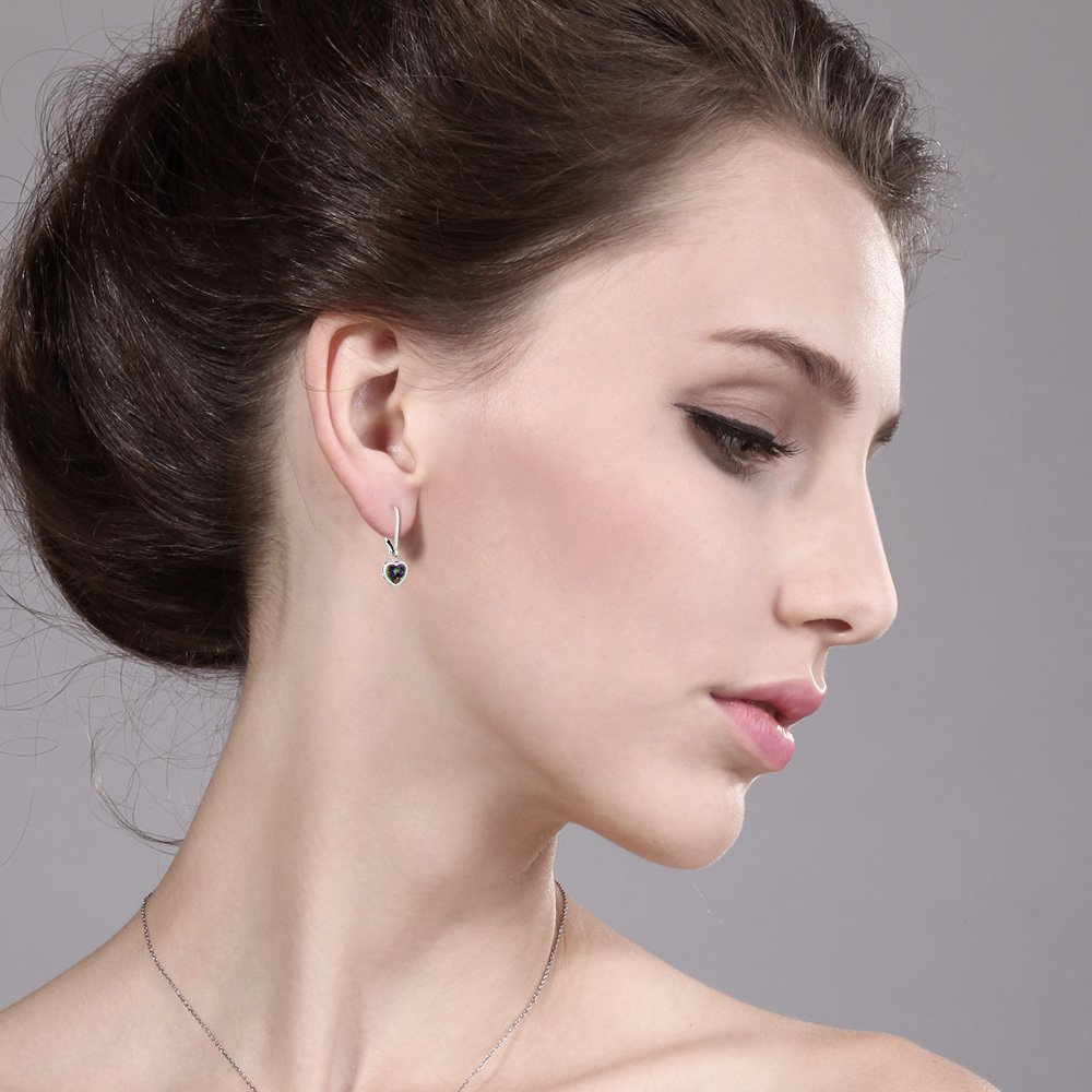 Gem Stone King 925 Sterling Silver 6MM Heart Shaped Birthstone Leverback Drop Earrings for Women | February Birthstone Jewelry Gift for Valentine's Day, Anniversary & Mother's Day