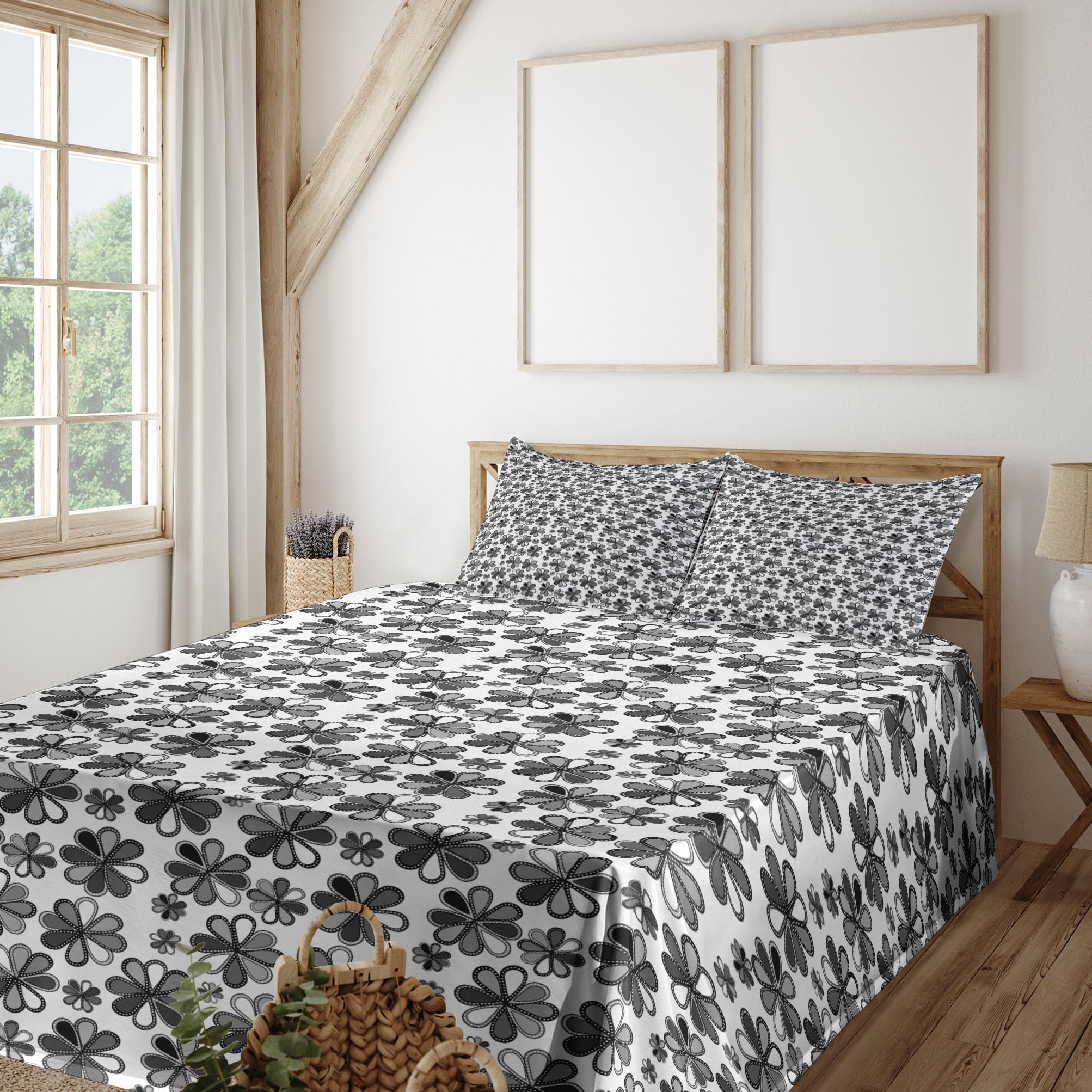 Ambesonne Floral Sheet Set - Grey Dark Grey King Size 4-Piece Bedding with Retro Petals Doodle Design | Fitted Sheet, Flat Sheet & Pillowcases | Perfect for Master Bedroom, Guest Room & Cozy Home Decor