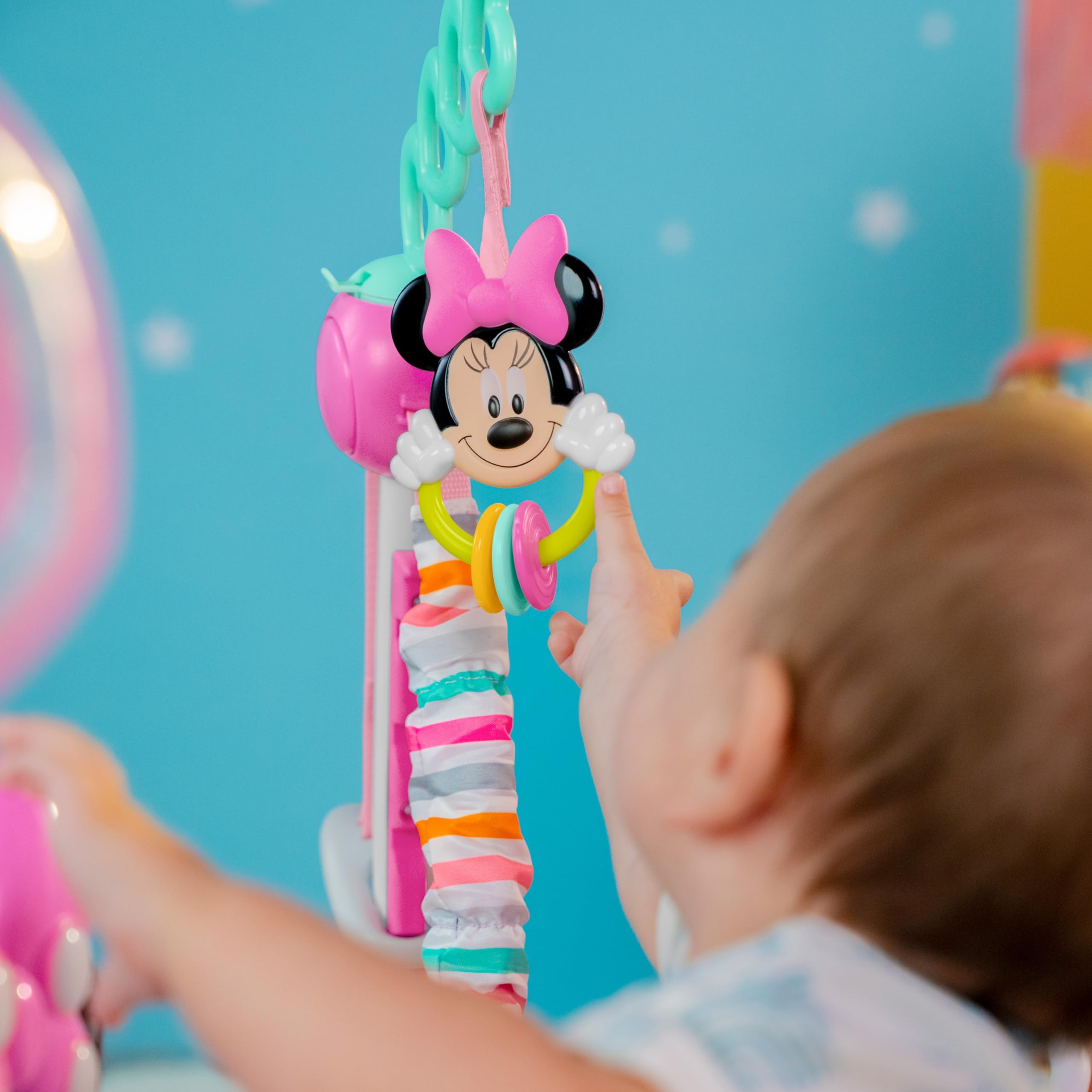 Bright Starts Disney Baby Minnie Mouse Forever Besties Baby Activity Jumper with 10 Interactive Toys, Lights & Sounds, 360-Degree Rotating Seat for Infants 6-12 Months (Pink) - Perfect for Playtime, Learning & Motor Skill Development