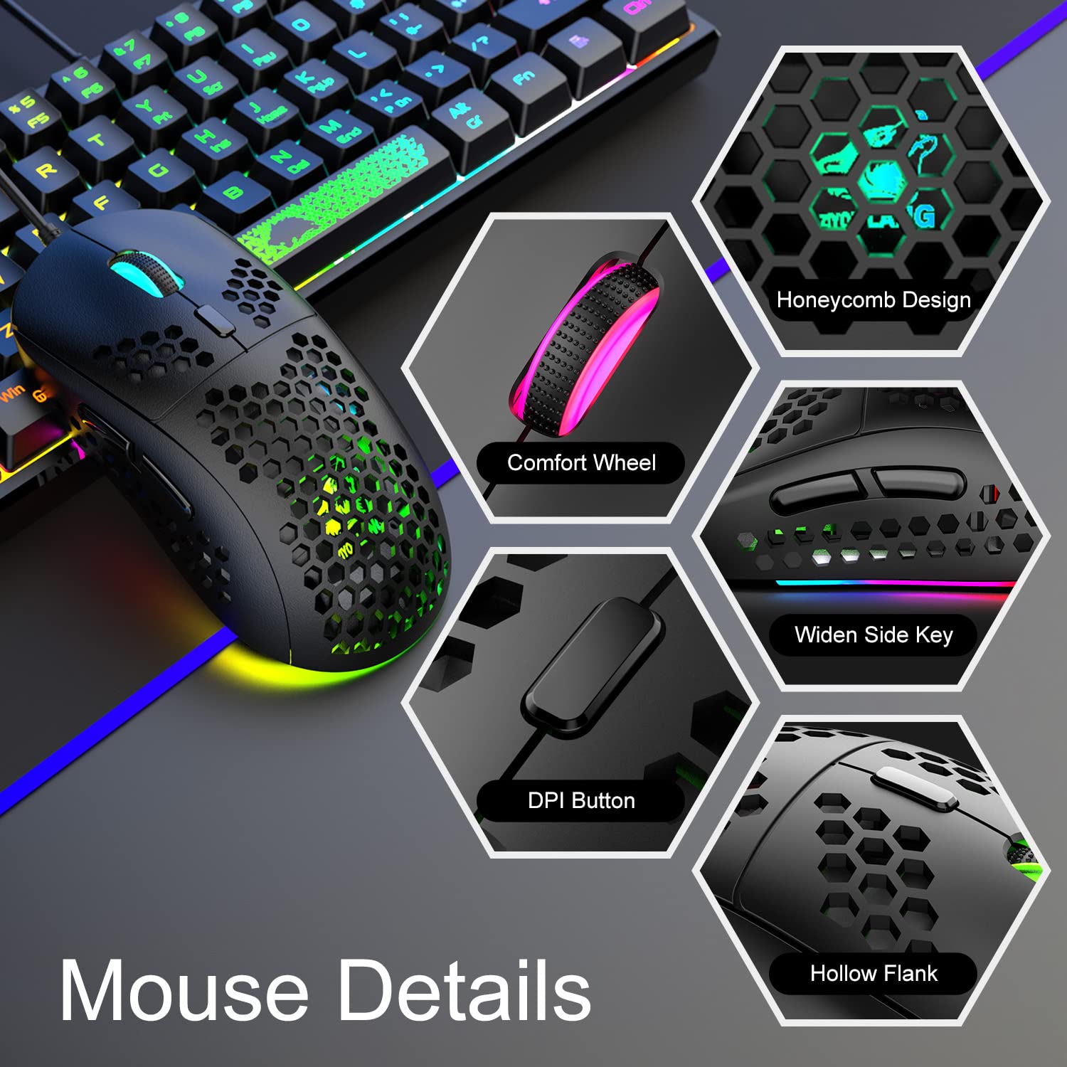 60% RGB Backlit Gaming Keyboard and Mouse Combo - Mini Mechanical Feel Keyboard with 6400 DPI Honeycomb Optical Mouse & Gaming Mousepad - Perfect for PC Gamers, Esports & Office Typists (Black) | Compact Setup for Small Desks & Travel Gaming