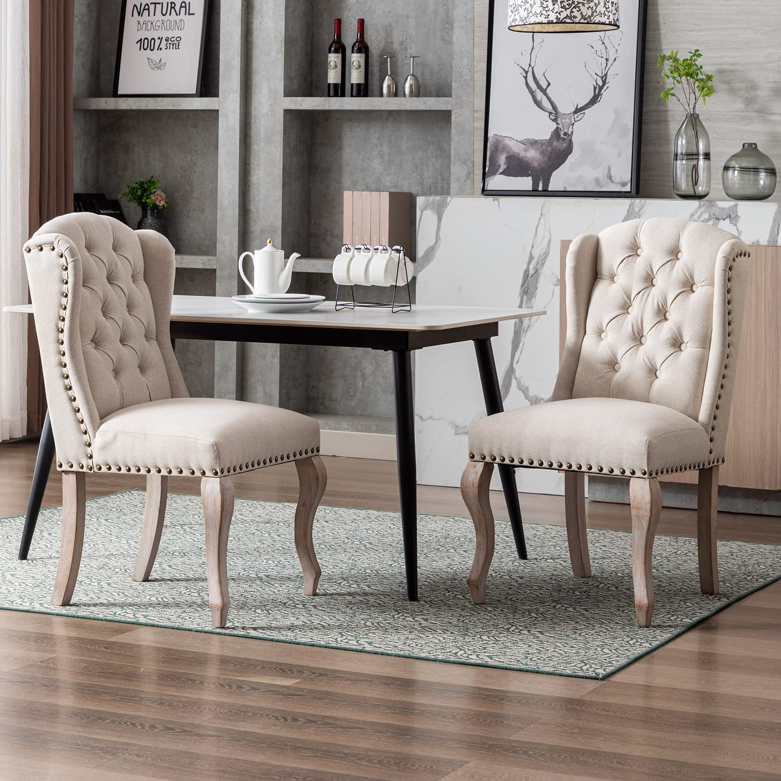 Mid Century Modern Accent Dining Chairs Set of 2 - Upholstered Parsons Wingback Chairs with Solid Wood Legs, Tufted Side Chairs for Kitchen, Dining & Living Room in Linen Cream - Perfect for Home Decor, Entertaining & Small Space Dining