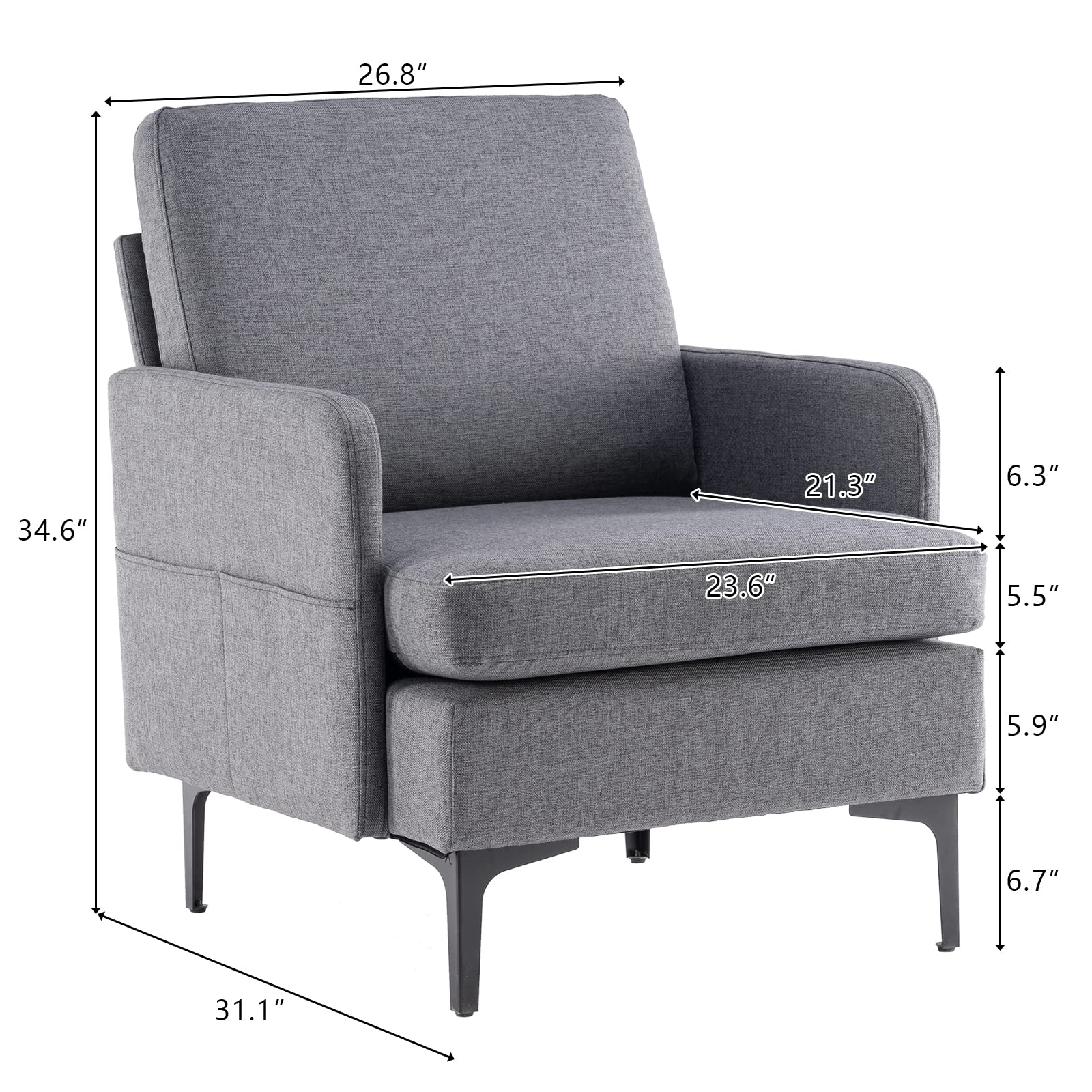 Comfy Dark Grey Lounge Chair - Single Sofa Accent Chair for Bedroom, Living Room & Guestroom - Perfect for Relaxing, Reading & Small Space Decor