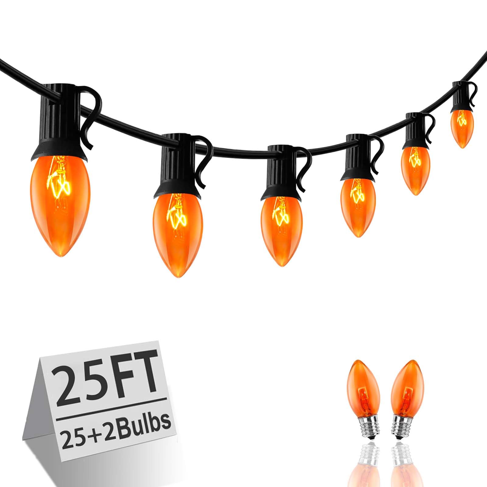 25FT Orange C7 String Lights with 25 Clear Bulbs - Black Wire for Halloween, Christmas, Party & Outdoor/Indoor Decoration - Perfect for Patio, Garden, Porch & Home Decor