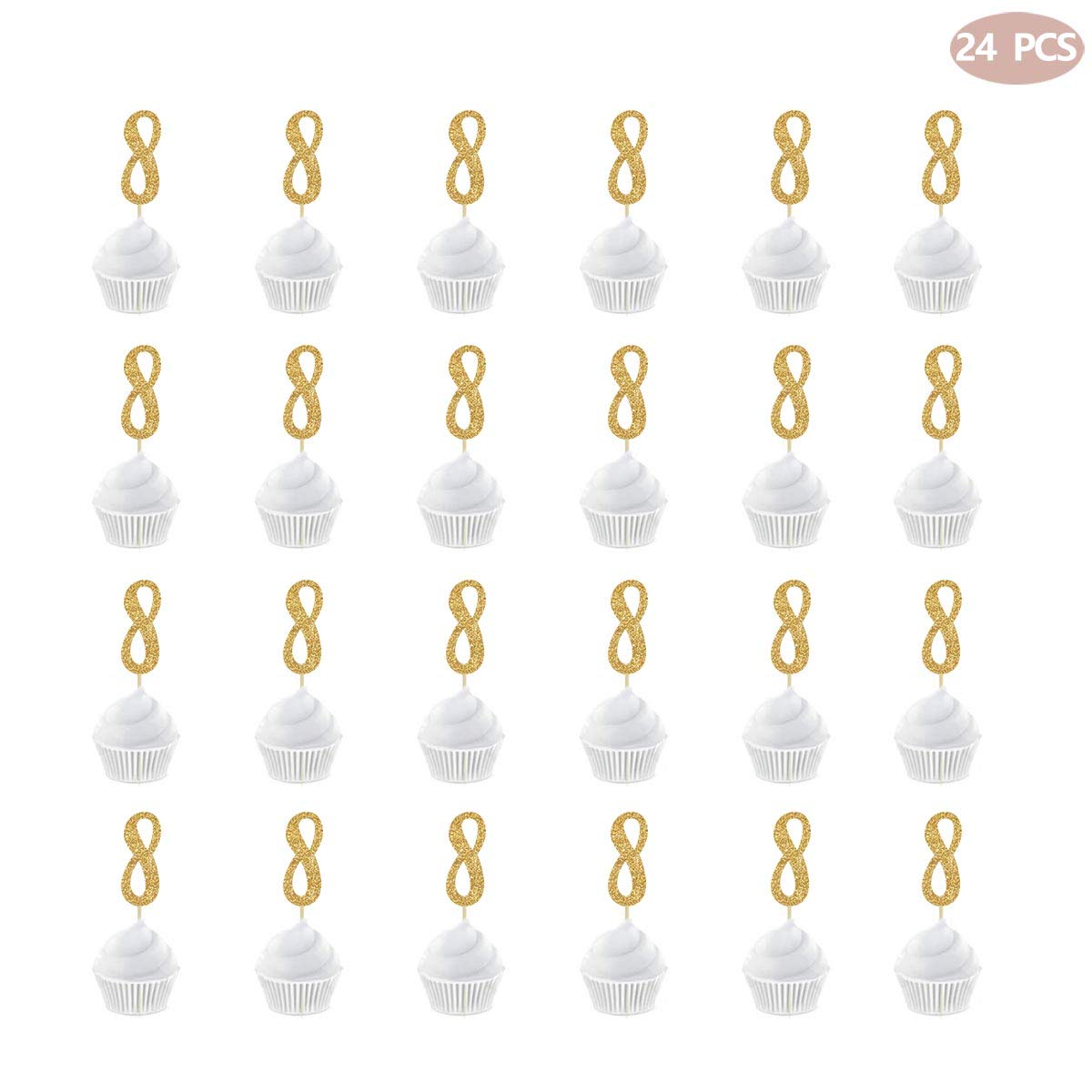 24-Pack Gold Happy 8th Birthday Cupcake Toppers with Glitter Number 8 - Party Decorations for Kids Birthday Cakes, Cupcakes, and Desserts