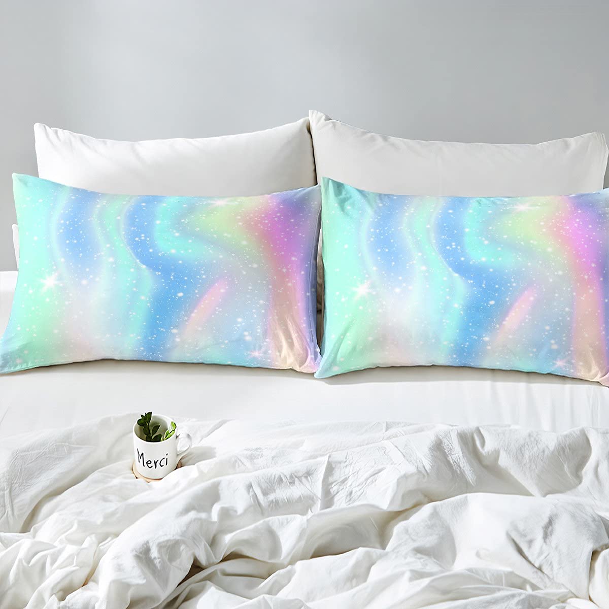 Erosebridal Galaxy Bed Sheet Set for Kids - Full Size Ombre Gradient Space Star Glitter Fitted Sheet, Rainbow Pastel Flat Sheet & Tie Dye Pillowcases (4pc) - Perfect for Girls, Boys & Women's Bedrooms, Dorm Rooms & Space-Themed Decor