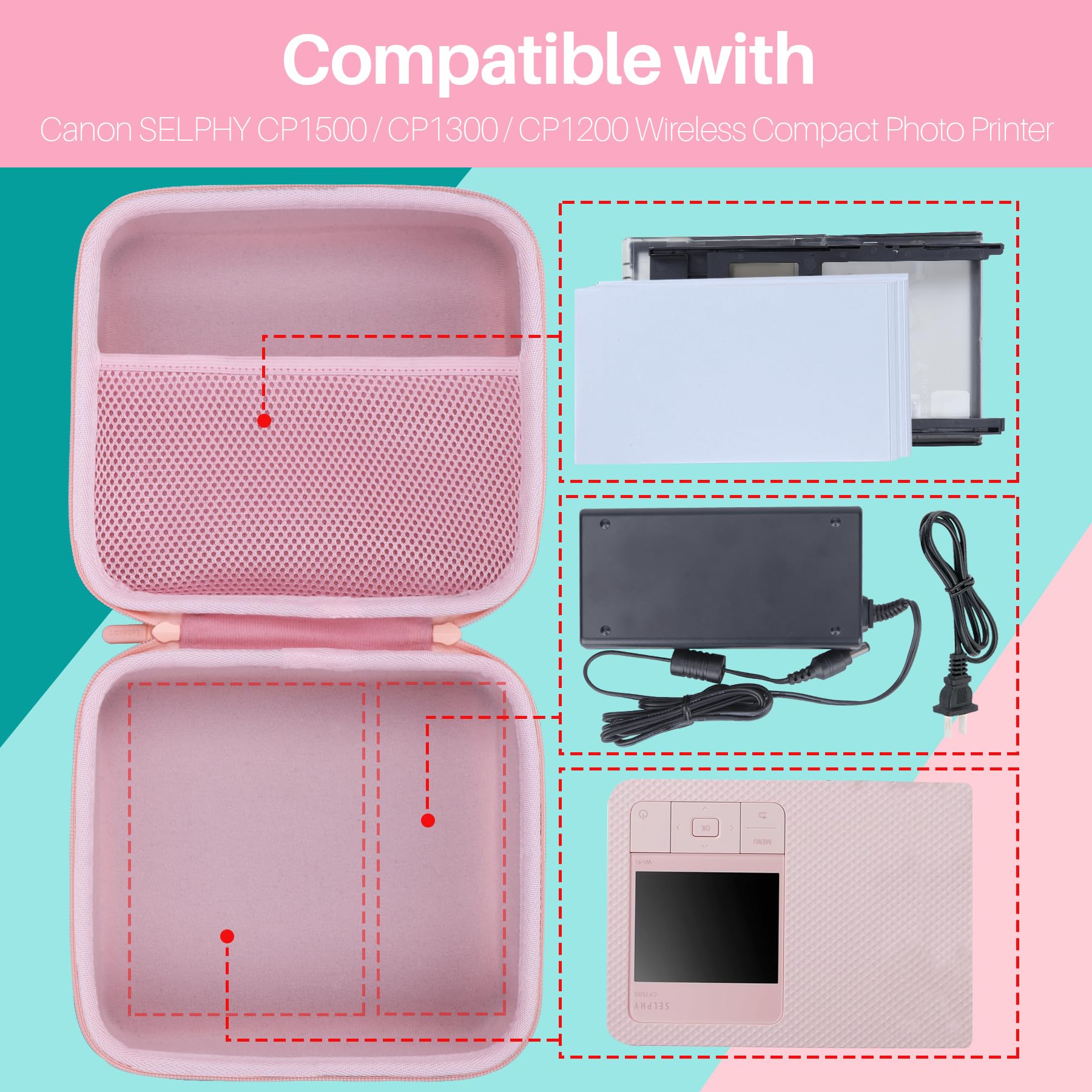 Pink Hard Protective Case for Canon SELPHY CP1500/CP1300/CP1200 Compact Photo Printers - Durable Travel Storage & Home Organization Accessory