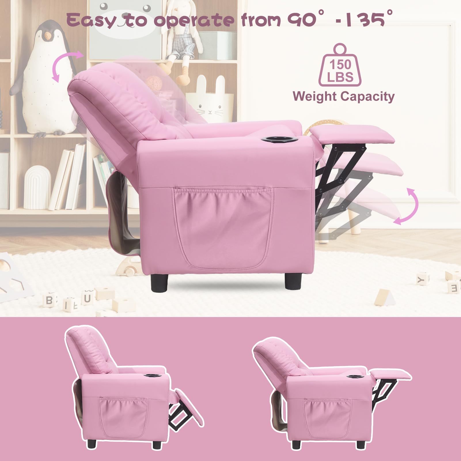 Best Kids Recliner Chair for Toddlers Age 2-4 - Soft Leather Lounge Chair with Cup Holder & Side Pocket - Pink Toddler Recliner for Boys & Girls - Perfect for Bedroom, Playroom & TV Time