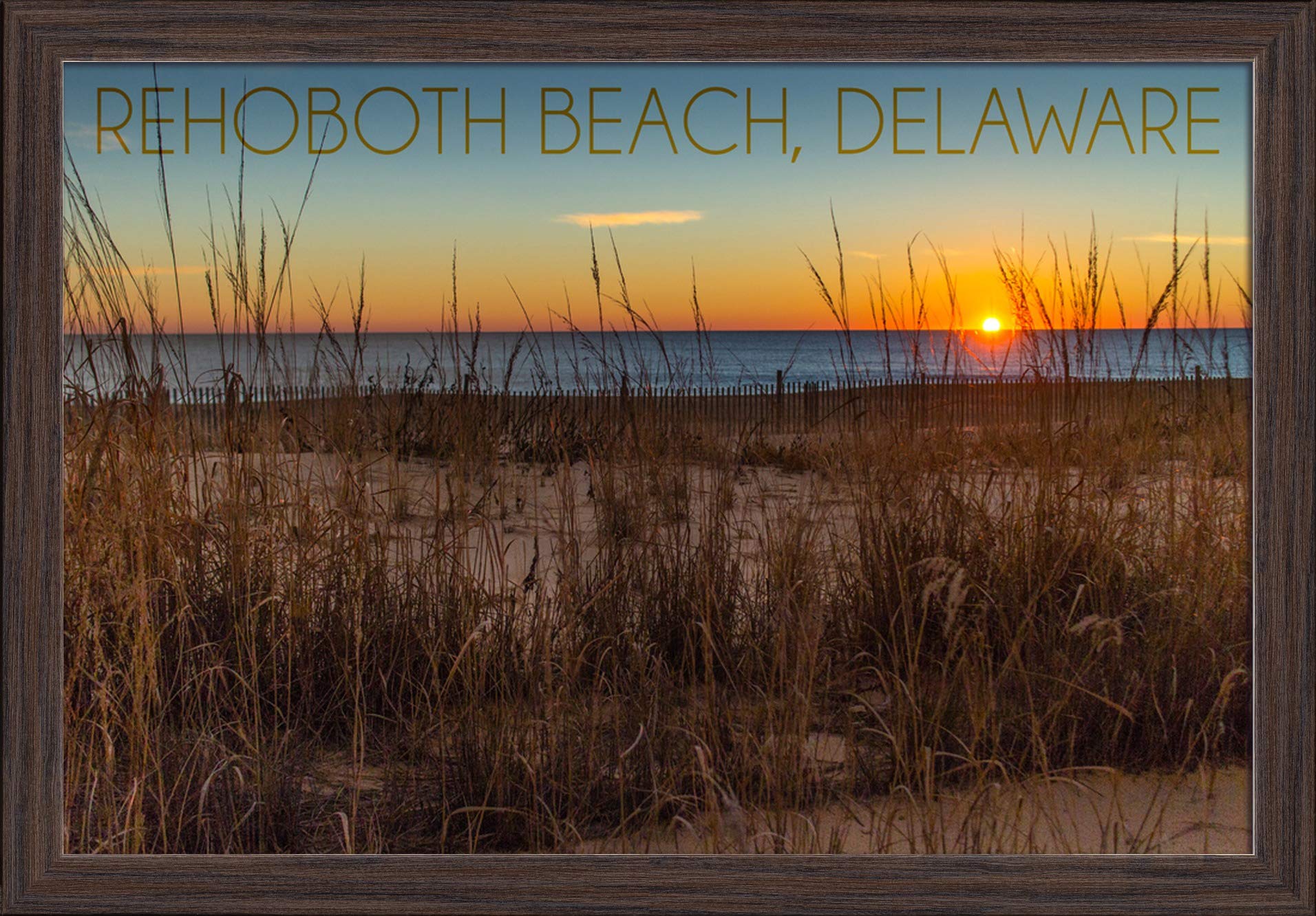 Delaware Beach Sunrise Art Print - 16x24 Giclee Fine Art on Recycled Wood Frame in Espresso Brown - Perfect for Coastal Home Decor, Living Room Wall Art & Beach House Style