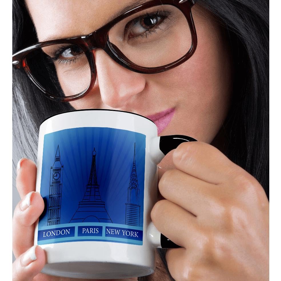 3D Rose Blue Two Tone Mug 11 oz - London, Paris, New York Historical Landmarks Design - Perfect for Coffee, Tea & Office Use - Black & White Ceramic Cup for Home or Gift