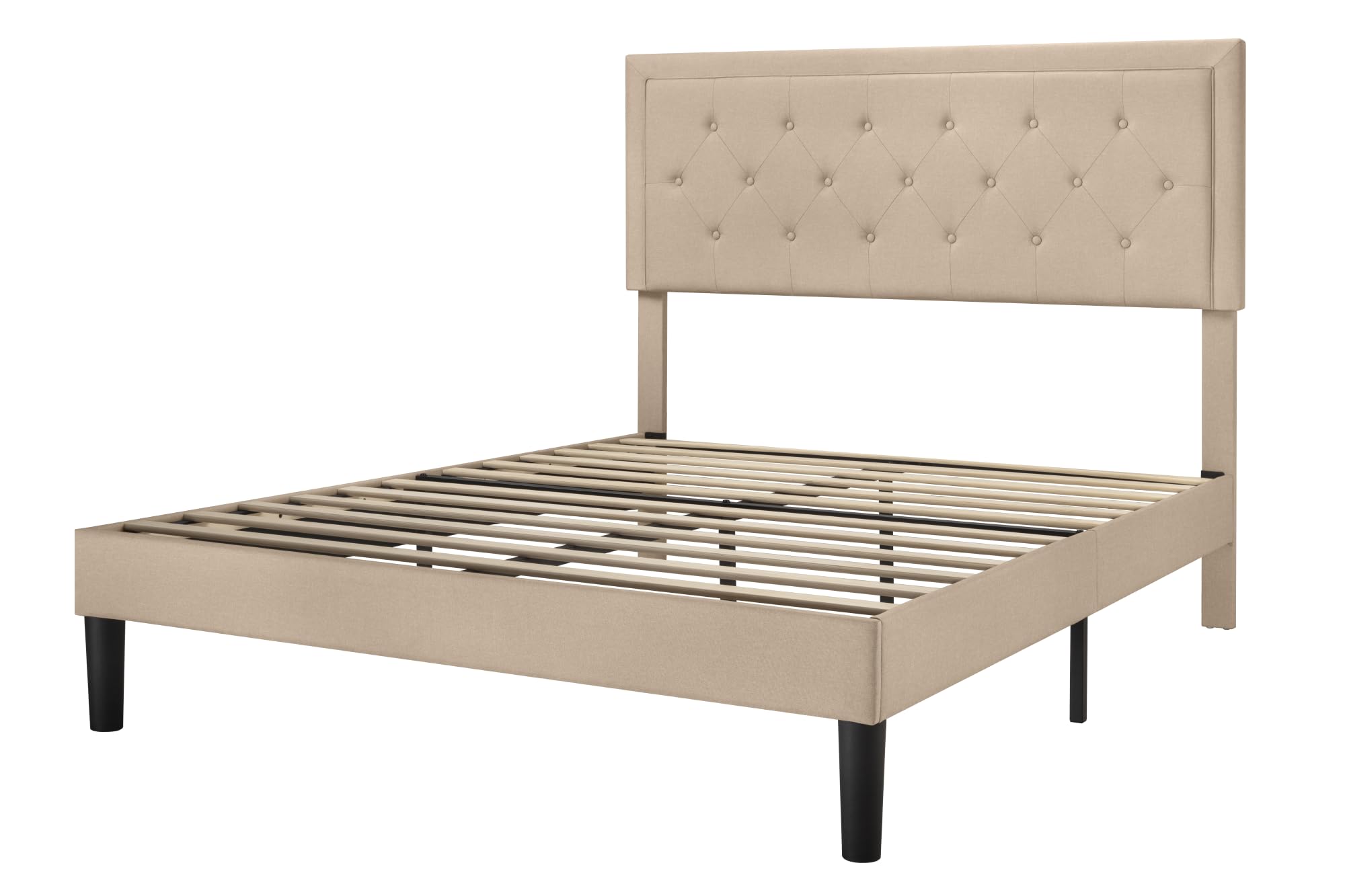 Allewie Full Size Button Tufted Fabric Upholstered Bed Frame with Adjustable Headboard, Wood Slat Support & Mattress Foundation in Beige - Perfect for Master Bedrooms, Guest Rooms & Modern Home Decor