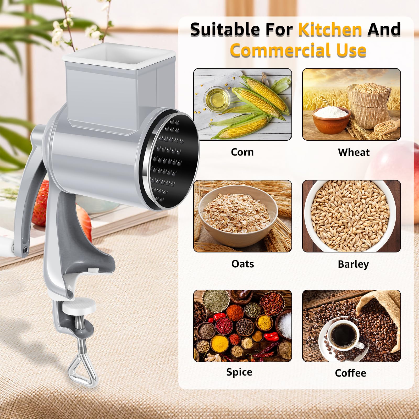 Cast Iron Hand Crank Grain Mill - Manual Corn, Coffee, Wheat & Nut Grinder for Kitchen & Camping | Durable Table Clamp Mill for Oats, Herbs, Spices & Seeds (White) - Perfect for Home Baking, Coffee Brewing & Outdoor Cooking