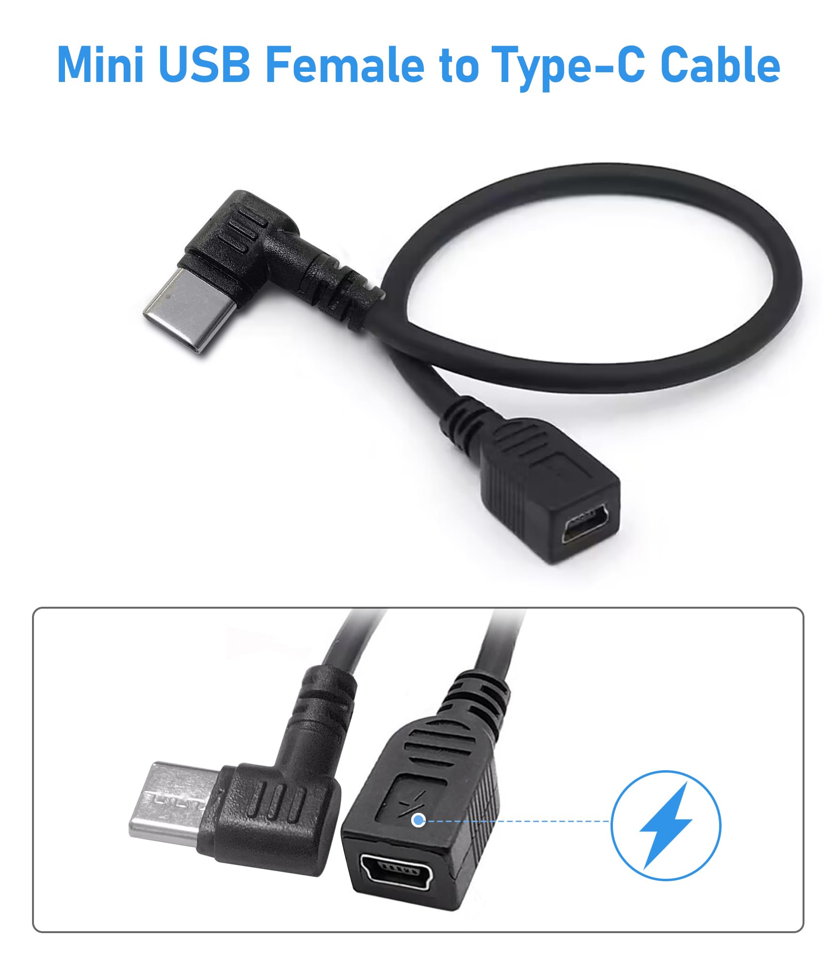 Mini USB Female to USB-C Male Adapter Cable - Charging Only - Compatible with Mini Dash Cams, Hardwire Kits & Mini USB Devices - Perfect for Car Charging & Portable Electronics