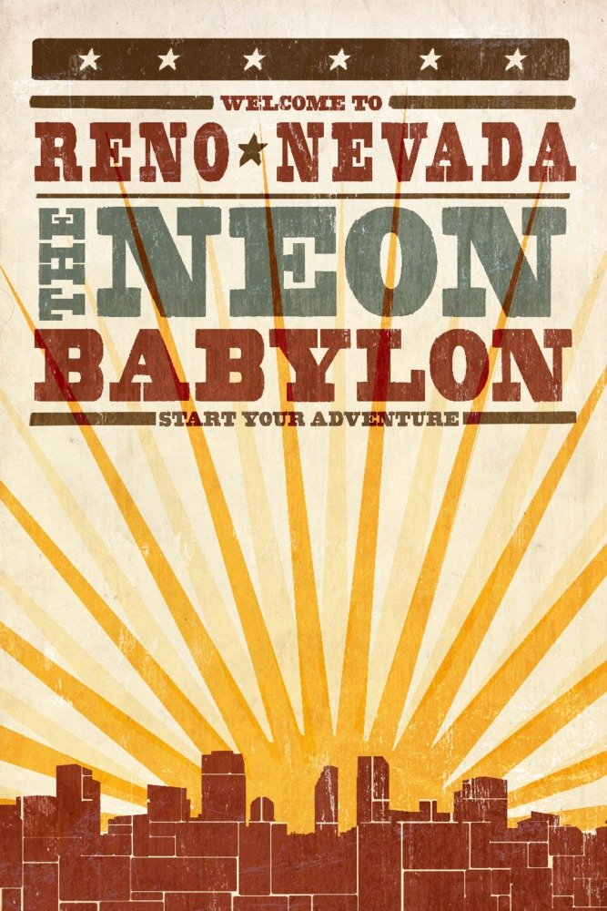 Reno Nevada Skyline Sunburst Screenprint Art - 24x36 Signed Wall Decor Poster | Modern Home Office Living Room Decor