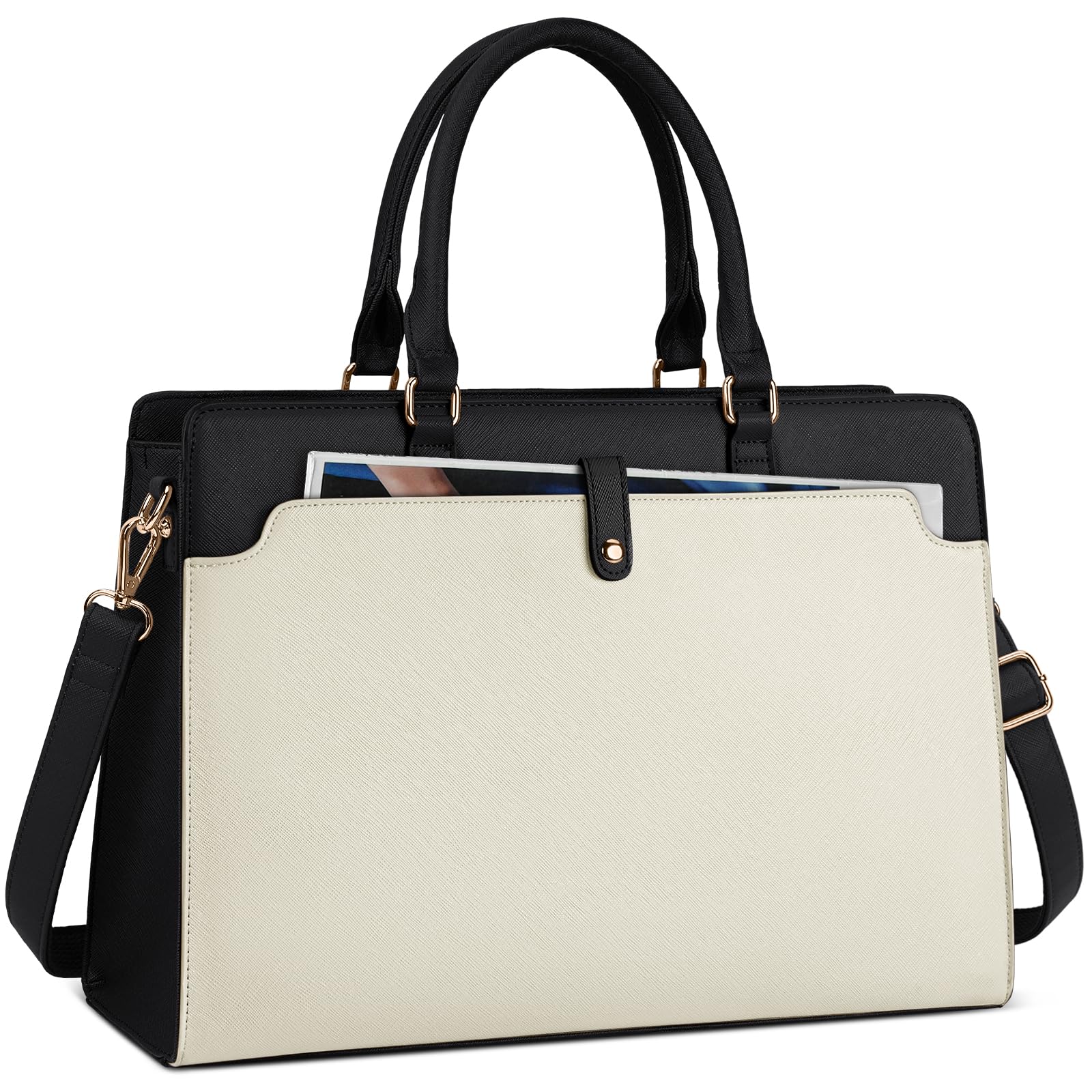 15.6 Inch Laptop Tote Bag for Women - Waterproof Leather Briefcase with Large Capacity, Professional Business Office Travel Handbag, Shoulder Bag in Beige and Black for Work, Commute, and Daily Use
