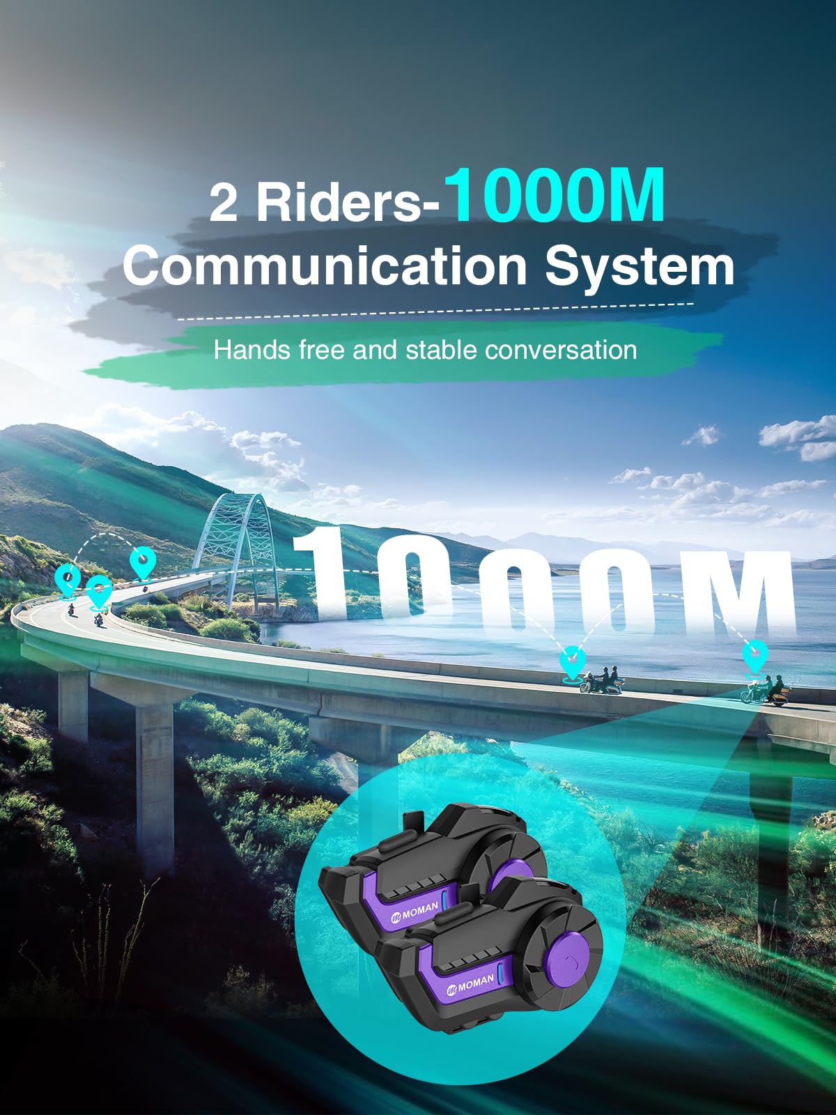 Moman H2Pro Wireless Motorcycle Helmet Headset - 1 Pack Purple, Bluetooth Helmet Communication System with Voice Assistant, Music Sharing & FM Radio, IP65 Waterproof, DSP & CVC Noise Cancellation - Perfect for Motorcycle Riders, Group Riding, Touring & Adventure Trips