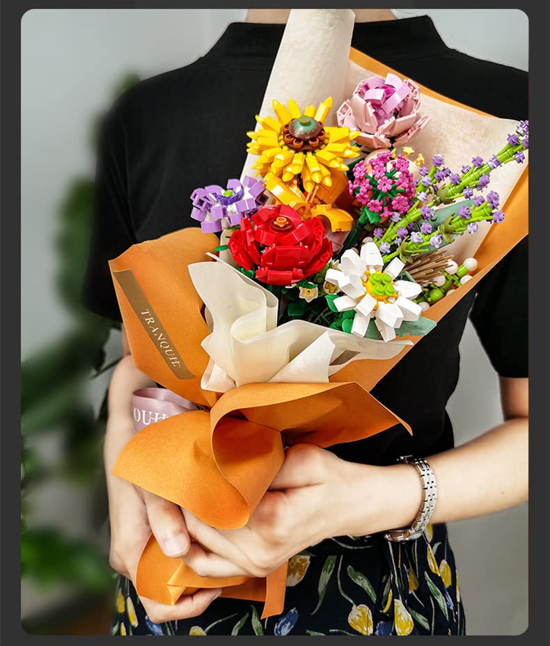 Flower Bouquet Building Blocks Kit - DIY Artificial Flowers for Stress Relief & Mindfulness | Creative Birthday Gift for Adults & Teens | Perfect for Home Decor, Office Desk & Relaxation Therapy