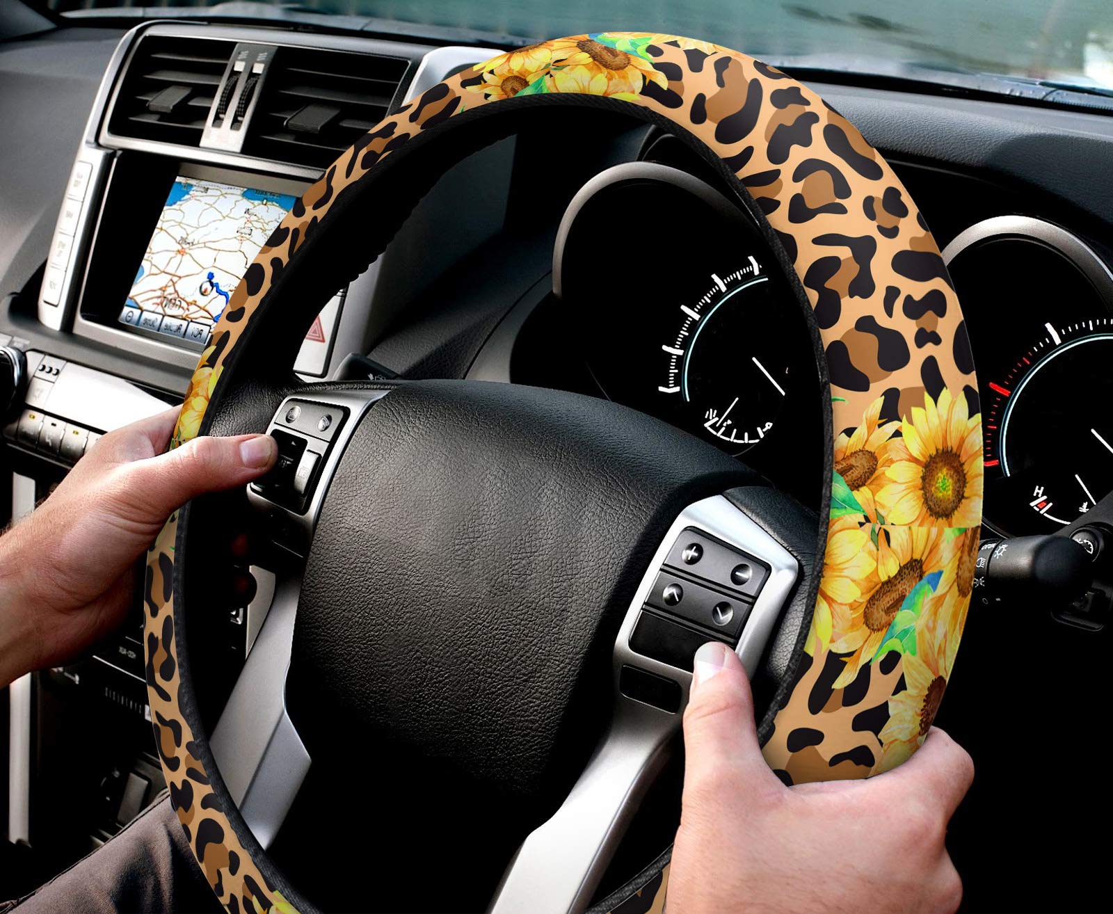 Sunflower Leopard Print Steering Wheel Cover - Universal Quick Release Anti-Slip Car Wheel Protector for Women & Men - Fits Truck, SUV, Sedan - Wild Panthera Skin Pattern for Style & Comfort While Driving