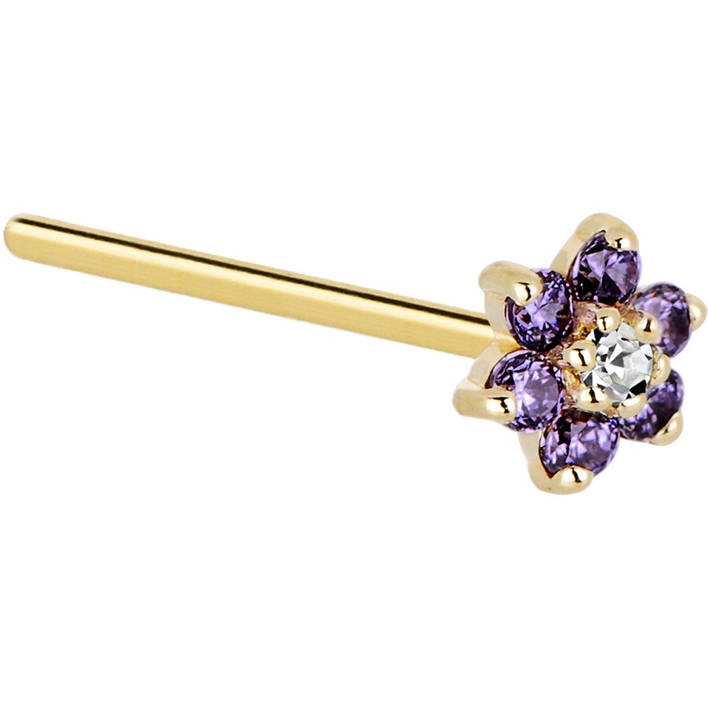 14k Yellow Gold Purple & Clear Cubic Zirconia Flower Fishtail Earrings - 17mm 20 Gauge Body Jewelry for Women - Perfect for Parties, Weddings & Everyday Wear