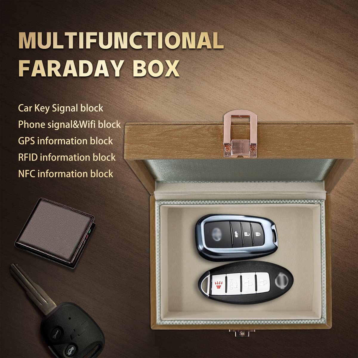 JXE JXO Faraday Box for Key Fob - RFID Signal Blocker & Faraday Cage Protector | Anti-Theft Car Key Security | Mini Imitation Wood Design | Perfect for Home, Office & Travel Use