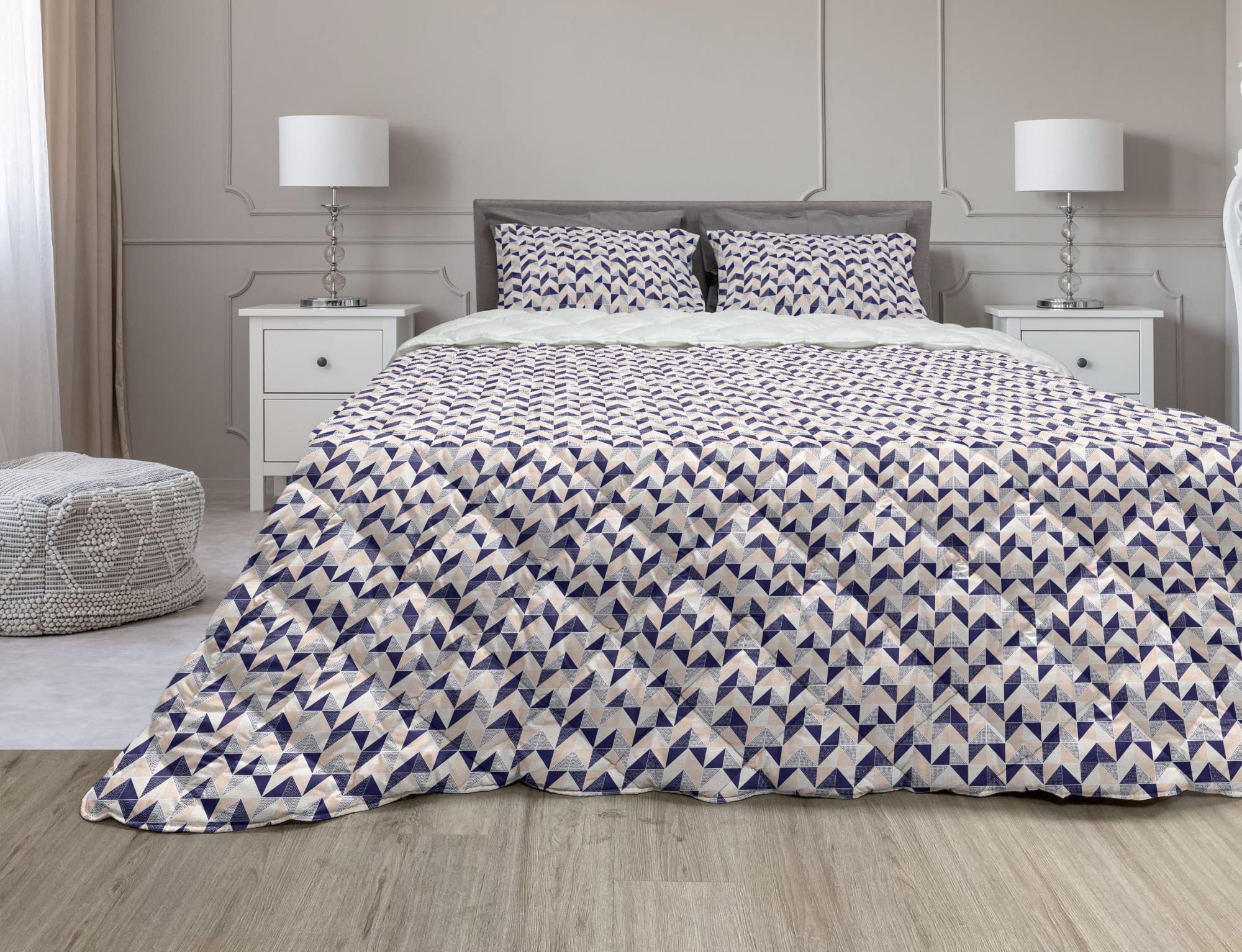Ambesonne Abstract Geometric Comforter Set - Modern Chevron Stripes & Squares Design with Inner Dots - 3 Piece King Size Duvet Cover Set - Soft Microfiber Filling - Pale Peach & Indigo - Perfect for Contemporary Bedrooms, Guest Rooms & Dorm Decor