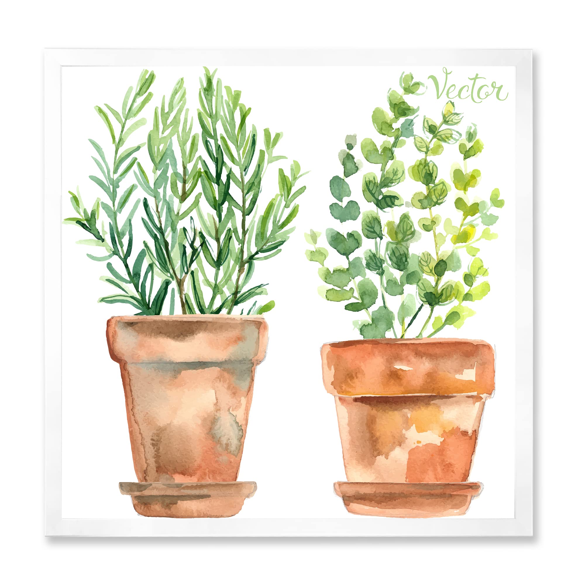DesignQ Two Green House Plants in Orange Flower Pots - Traditional Framed Wall Art Decor for Living Room, Bedroom & Office