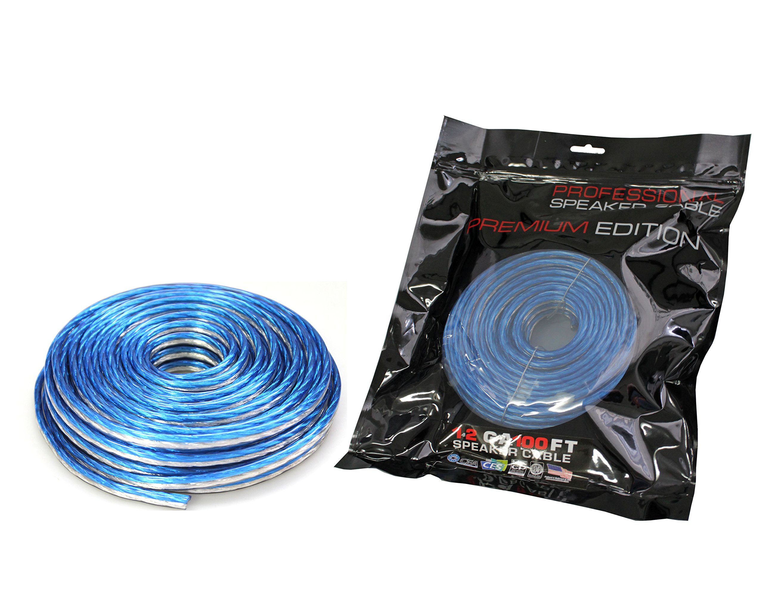 Absolute USA SWT12B100 Professional Premium 12 Gauge Speaker Wire - 100ft Clear Blue/White - High-Quality Audio Cable for Home Theater, Car Audio & Studio Sound Systems