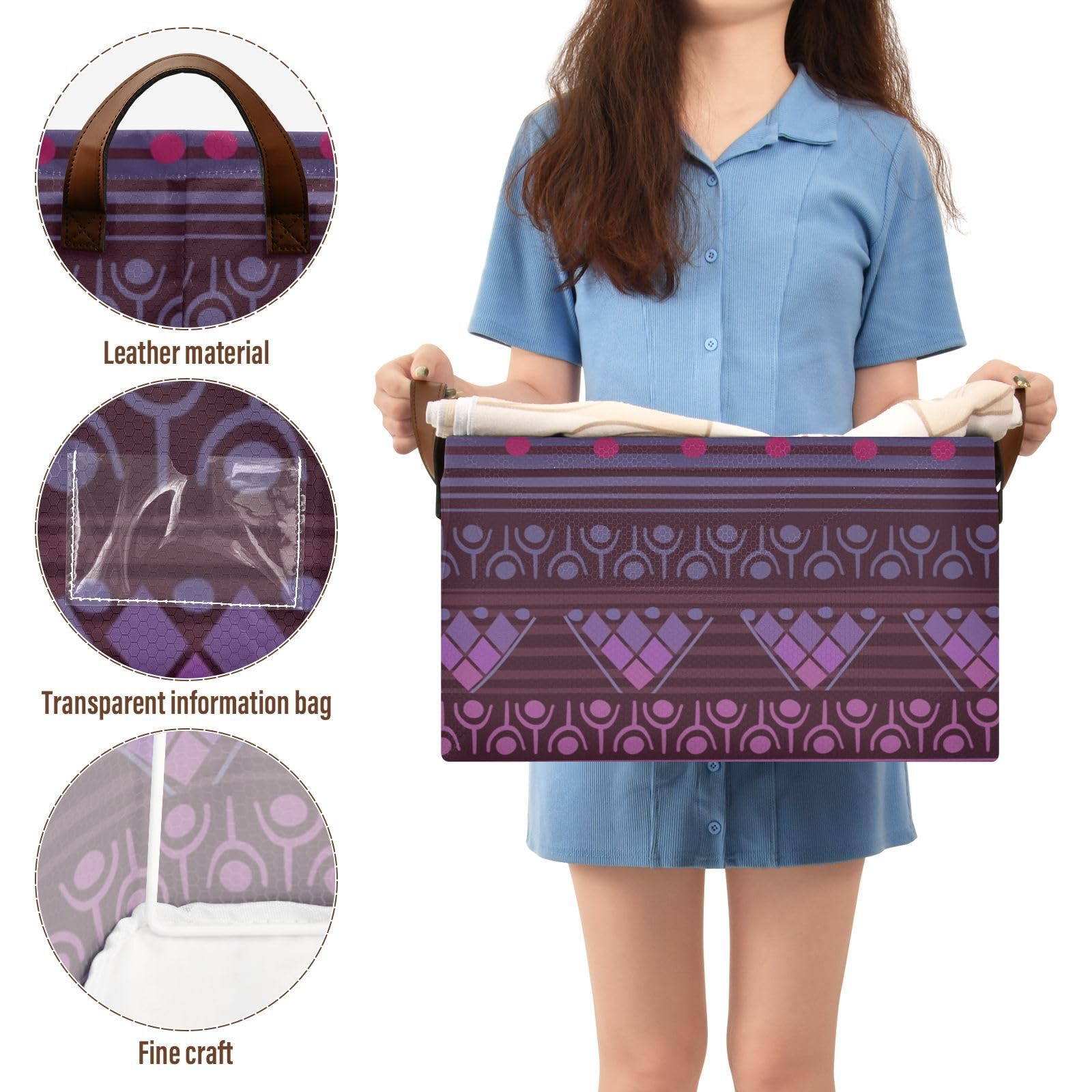 Yuiboo Decorative Shelf Baskets - 2 Pack Boho Fabric Storage Bins with Handles, Ethnic Purple Closet Organizers for Bedroom, Bathroom & Living Room Storage Solutions