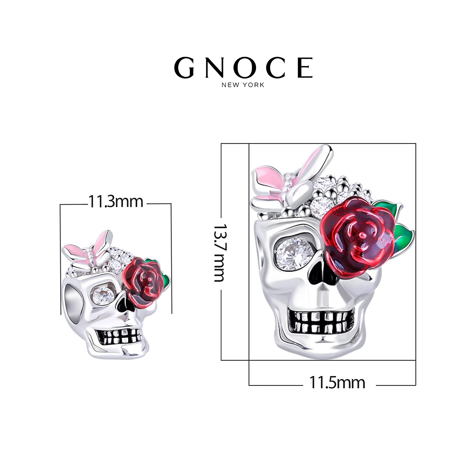 GNOCE S925 Sterling Silver Sugar Skull Charm for Women - Rose Skull Pendant for Bracelets & Necklaces - Perfect for Day of the Dead Jewelry, Boho Fashion & Gift Giving