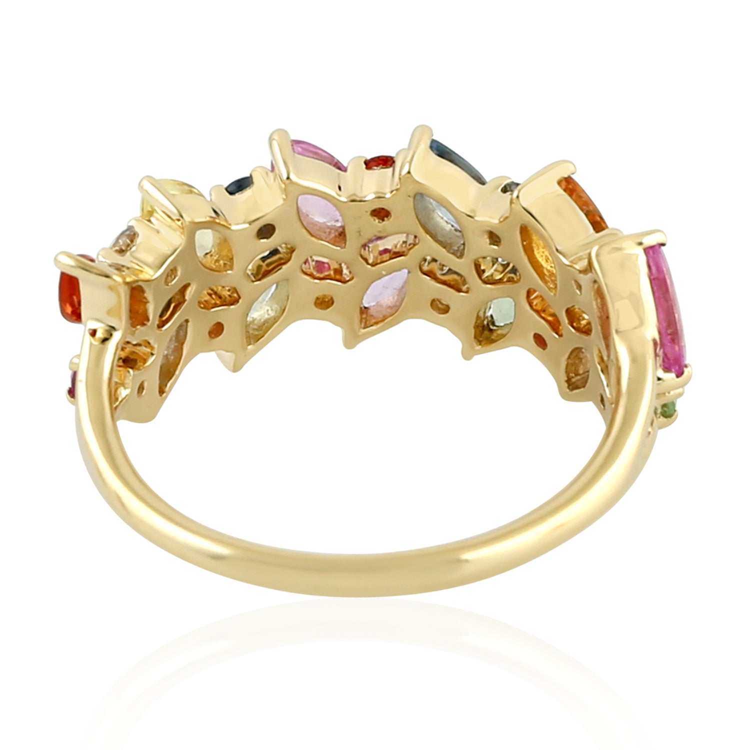 Exquisite 18K Yellow Gold Marquise Cut Multicolor Sapphire Designer Band Ring for Women | Elegant Jewelry Gift for Anniversary, Engagement & Special Occasions