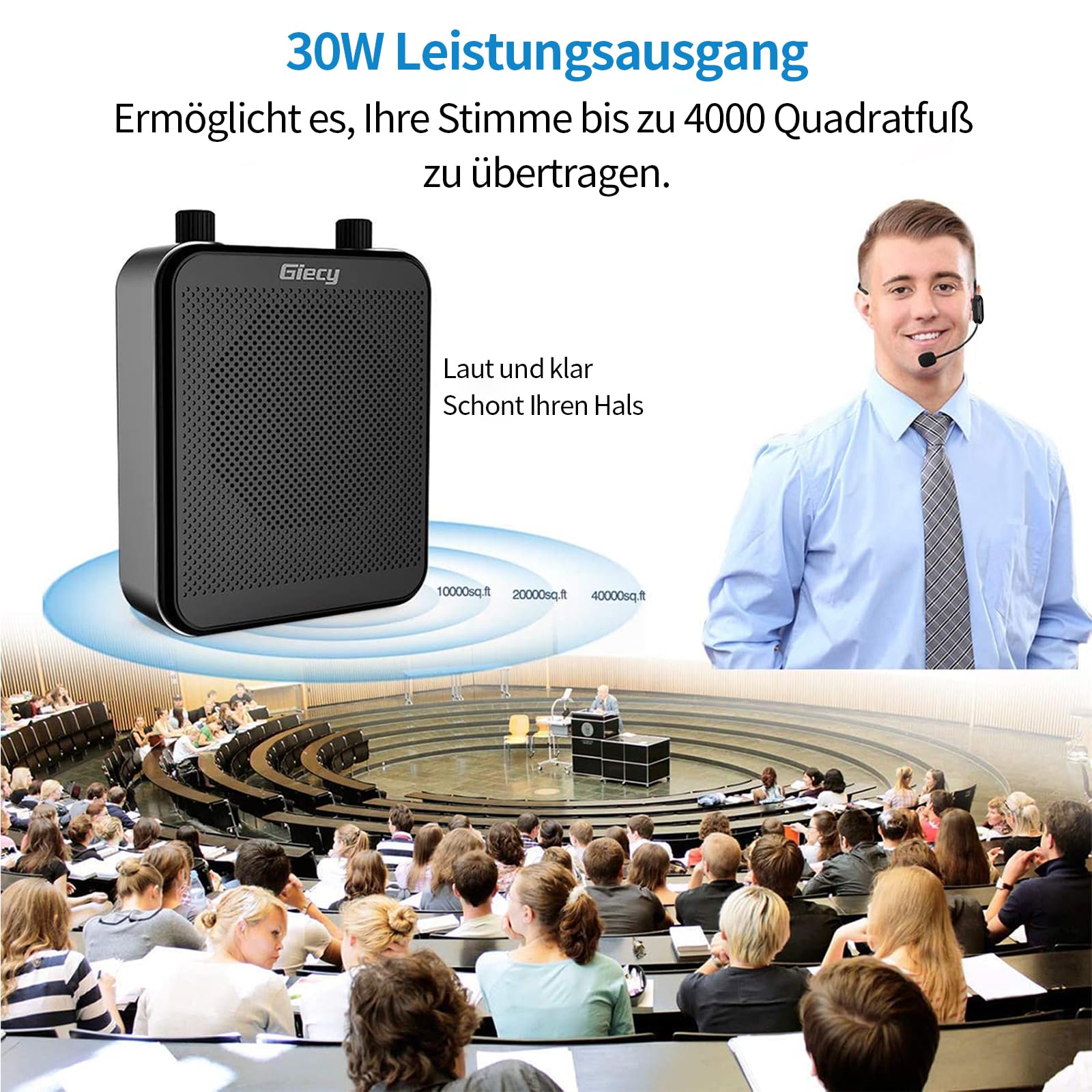 Portable Bluetooth Speaker with Microphone (30W) - 7.4V/2800mAh Rechargeable Lithium Battery - Mini Voice Amplifier for Teachers, Trainers, Tour Guides & Meetings - Ideal for Outdoor Activities, Presentations & Public Speaking