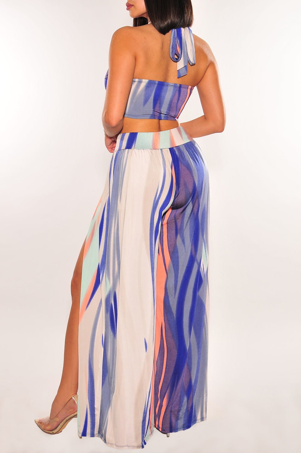 Blue Multicolor Abstract Print Criss Cross Wrap Halter Palazzo Jumpsuit for Women | Summer Beach Party Outfit | Boho Chic Fashion | Perfect for Vacations, Weddings & Date Nights