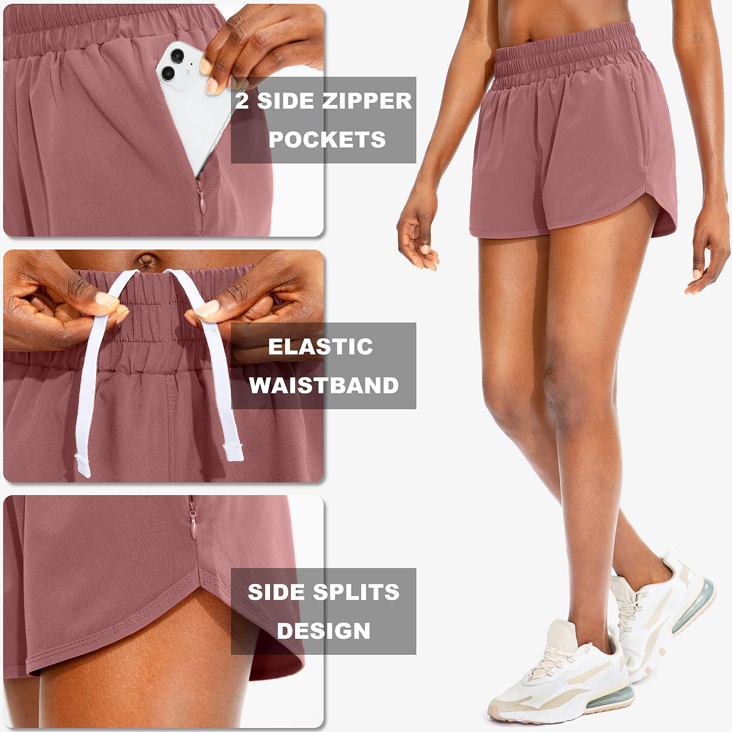 SANTINY Women's High Waisted Running Shorts with Zip Pockets - Breathable Athletic Workout Gym Shorts with Liner - Perfect for Jogging, Yoga & Fitness Training