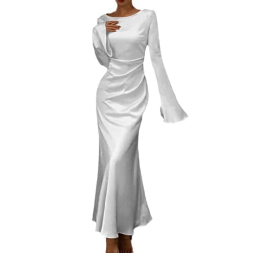 Elegant White Bell Sleeve Maxi Dress - Satin Aesthetic Wedding Party Dress with Waist Accent for Bridal Shower, Evening Gala & Special Occasions