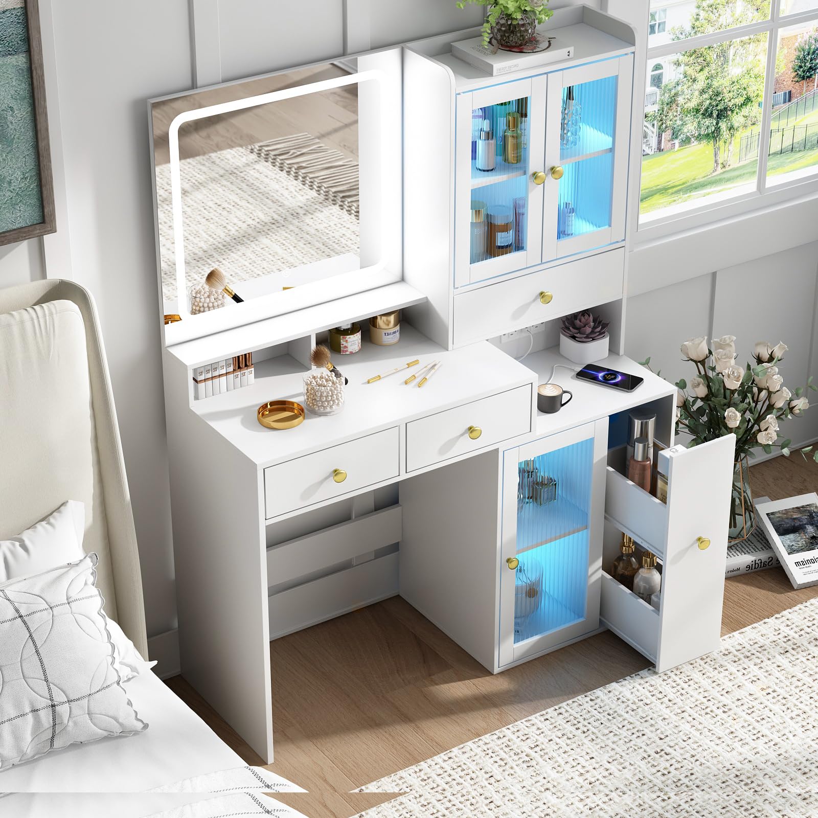 White Makeup Vanity Desk with LED Lights & Mirror - 4 Drawers, USB Charging Station & RGB Cabinet - Dressing Table for Bedroom, Beauty Salon, Home Decor