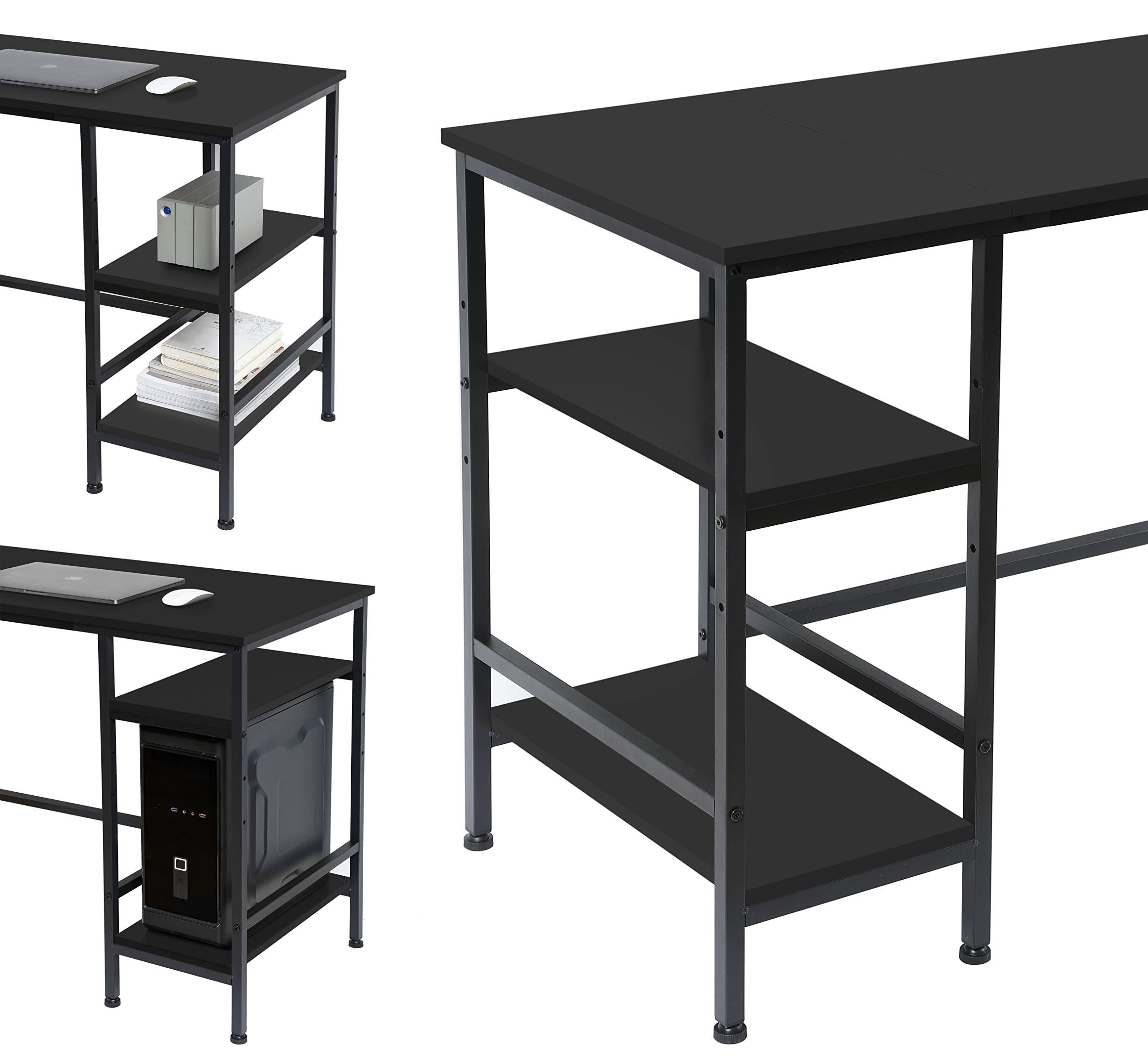 L-Shaped Corner Computer Desk with Storage Shelves - Large Gaming & Workstation Desk with Monitor Stand for Home Office, Study, or Gaming Room - Black