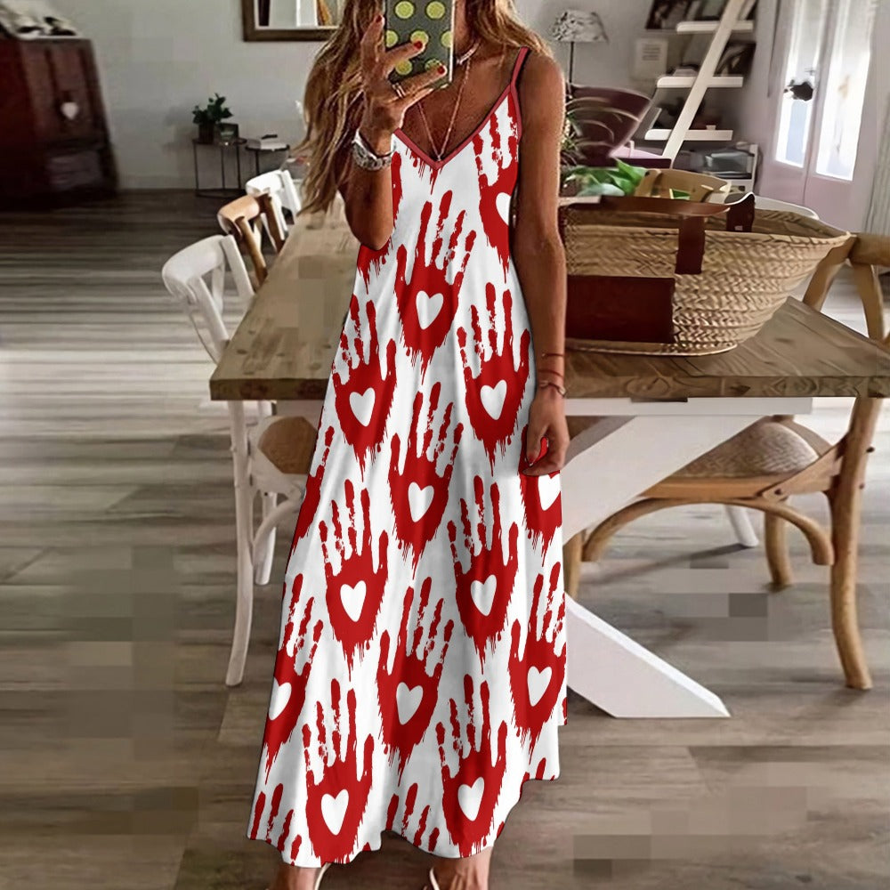Elegant Long Sleeve Maxi Dress with Slit - Gothic Lace Bloody Heart Print Formal Evening Gown for Women | Perfect for Halloween, Cosplay, Date Night and Special Occasions