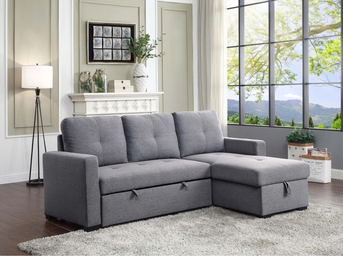 Modern Grey Fabric Sectional Sofa with Pull-Out Sleeper & Storage Chaise - Perfect for Small Spaces, Guest Rooms & Cozy Living Rooms